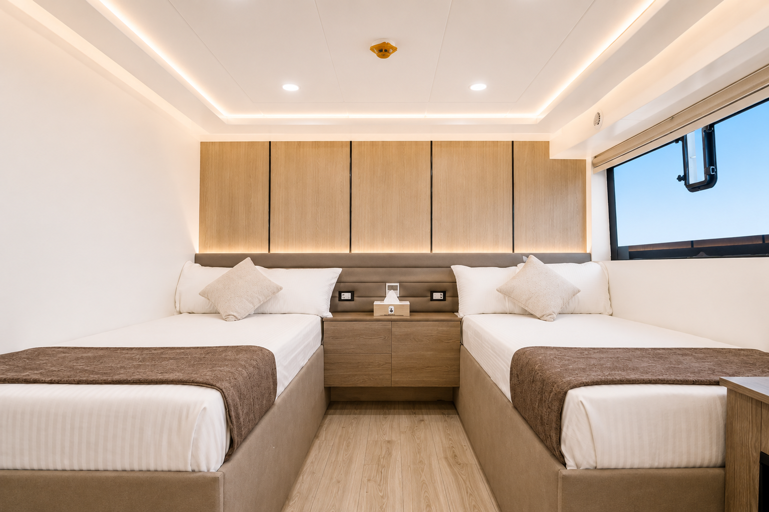Twin cabin prepared for two guests on board