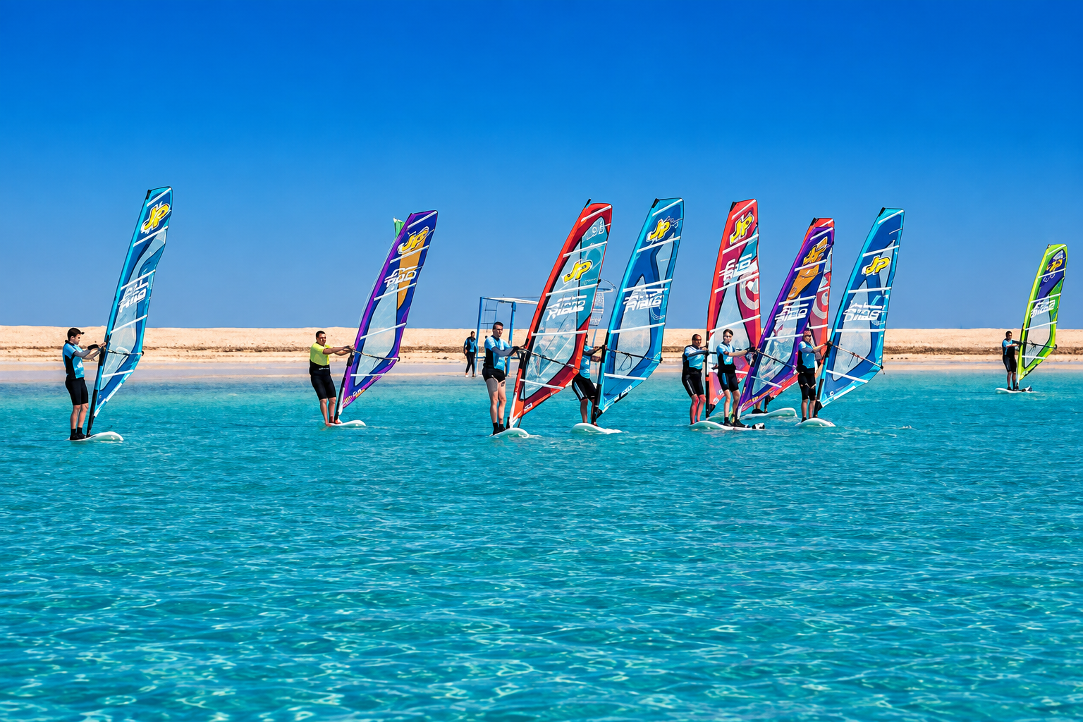 Windsurfing lessons in Hurghada with students training in shallow turquoise water