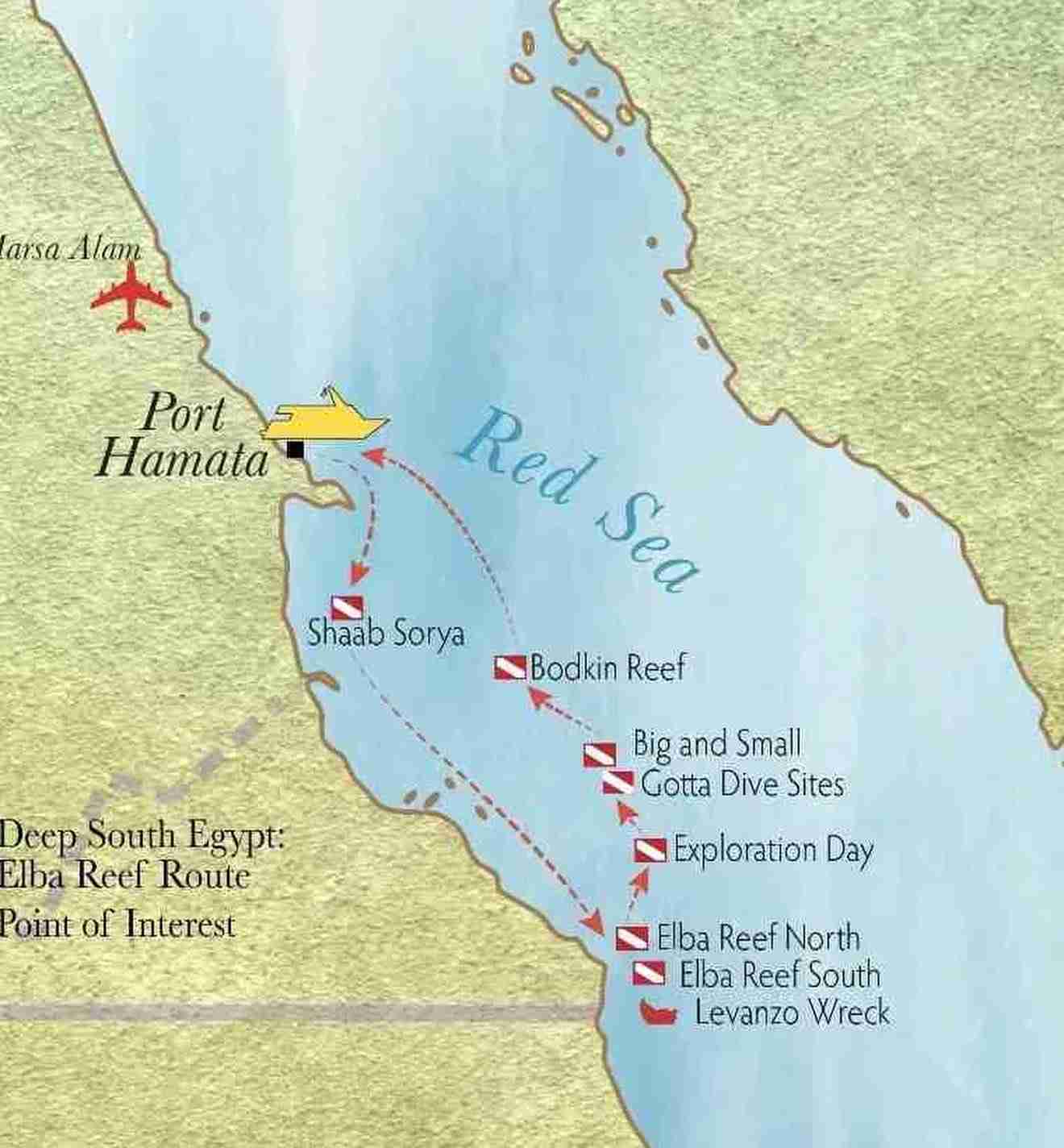 Ultra Deep South Red Sea liveaboard route from Hamata to the remote Elba Reef region, featuring Sha'ab Sorya, Bodkin Reef, Big and Small Gotta and the historic Levanzo Wreck.