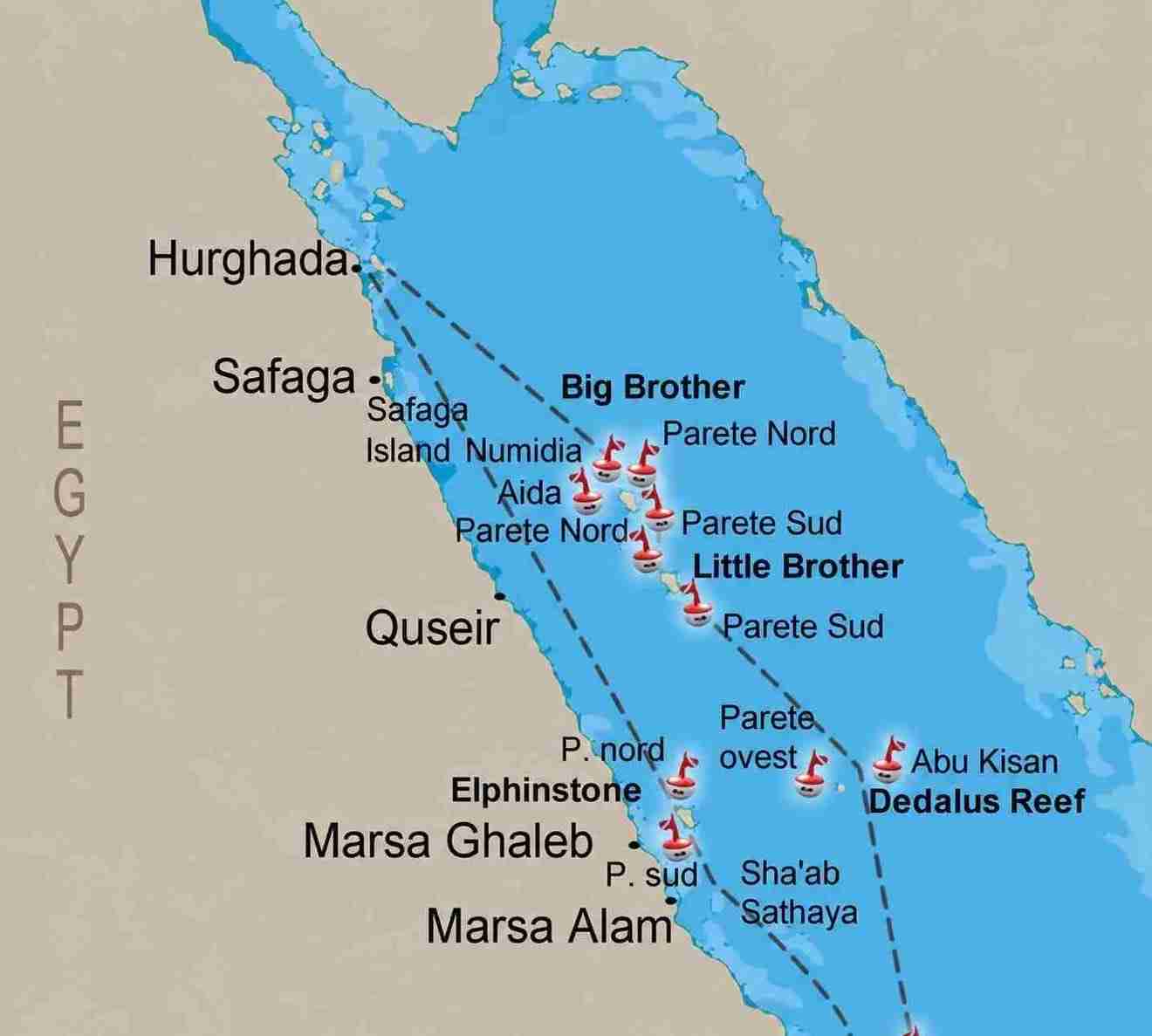 BDE liveaboard route exploring the legendary Brothers Islands, Daedalus Reef and Elphinstone Reef, three of the Egyptian Red Sea's premier offshore diving destinations.
