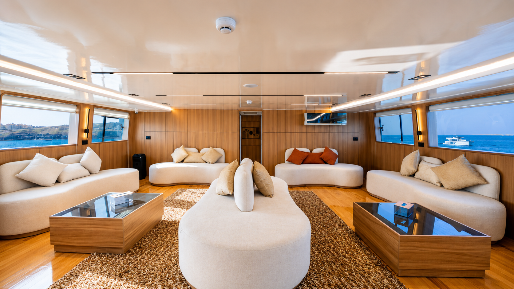 Salon seating with sofas and coffee tables