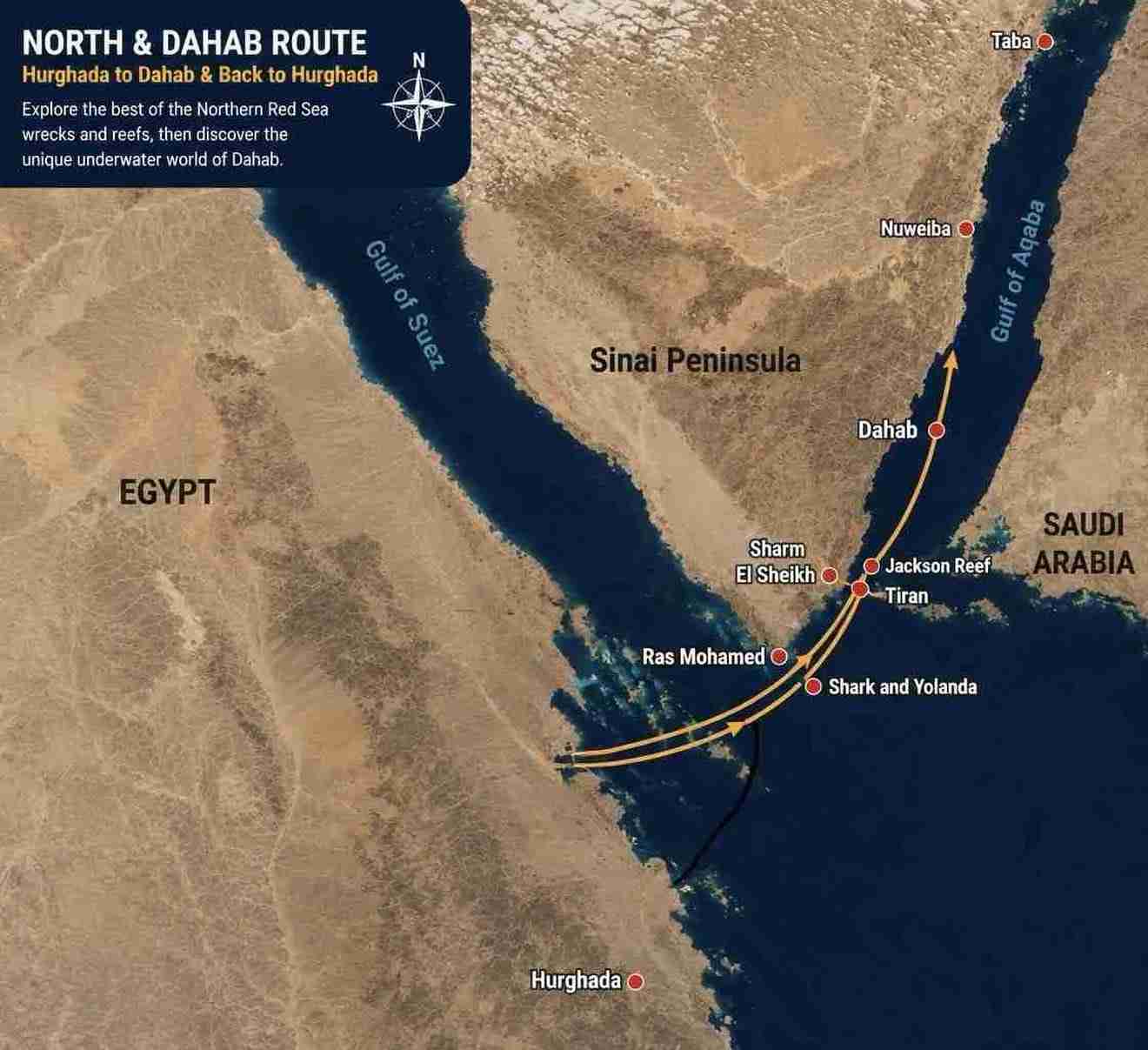 North and Dahab liveaboard route from Hurghada, combining the Northern Red Sea with Ras Mohammed, Shark and Yolanda Reef and the spectacular diving sites of Dahab.