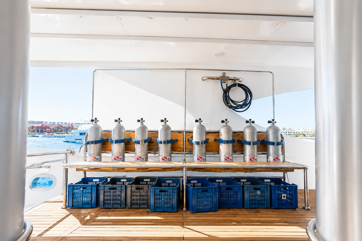 Dive deck with tank racks and individual gear stations