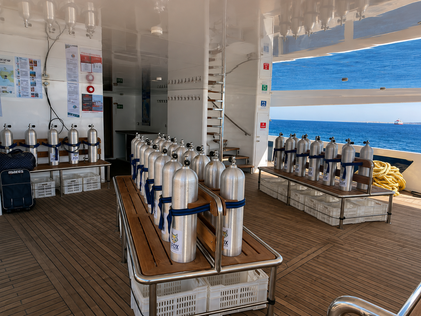 Dive deck with tank stations on the Sea Fox Liveaboard Red Sea