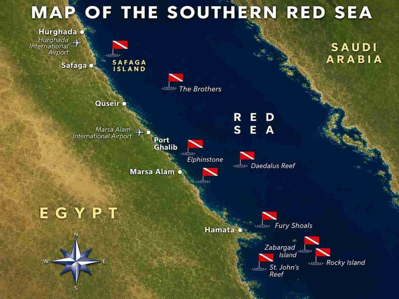 Southern Red Sea diving map featuring the Brothers Islands, Elphinstone, Daedalus Reef, Fury Shoals, St. John's Reef, Zabargad and Rocky Island.
