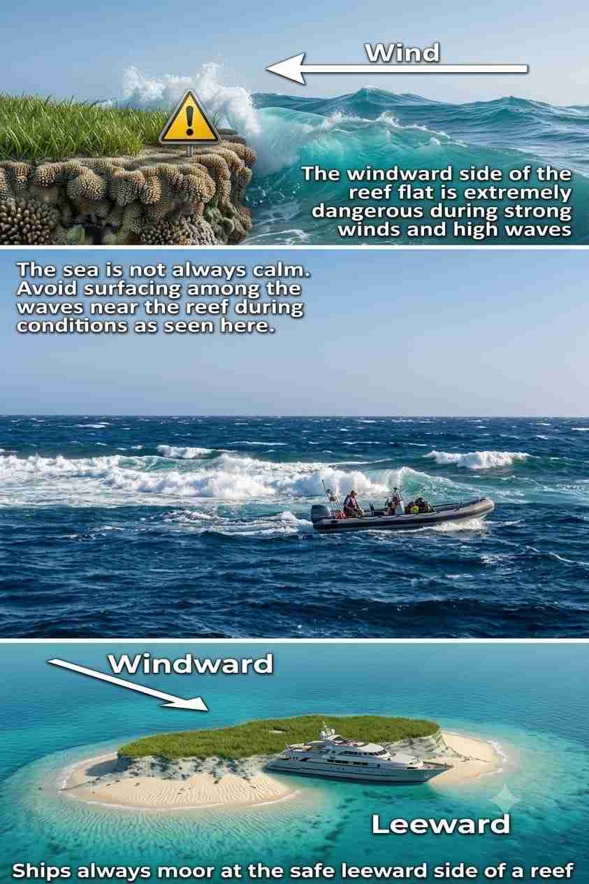 Illustration showing windward and leeward sides of a reef