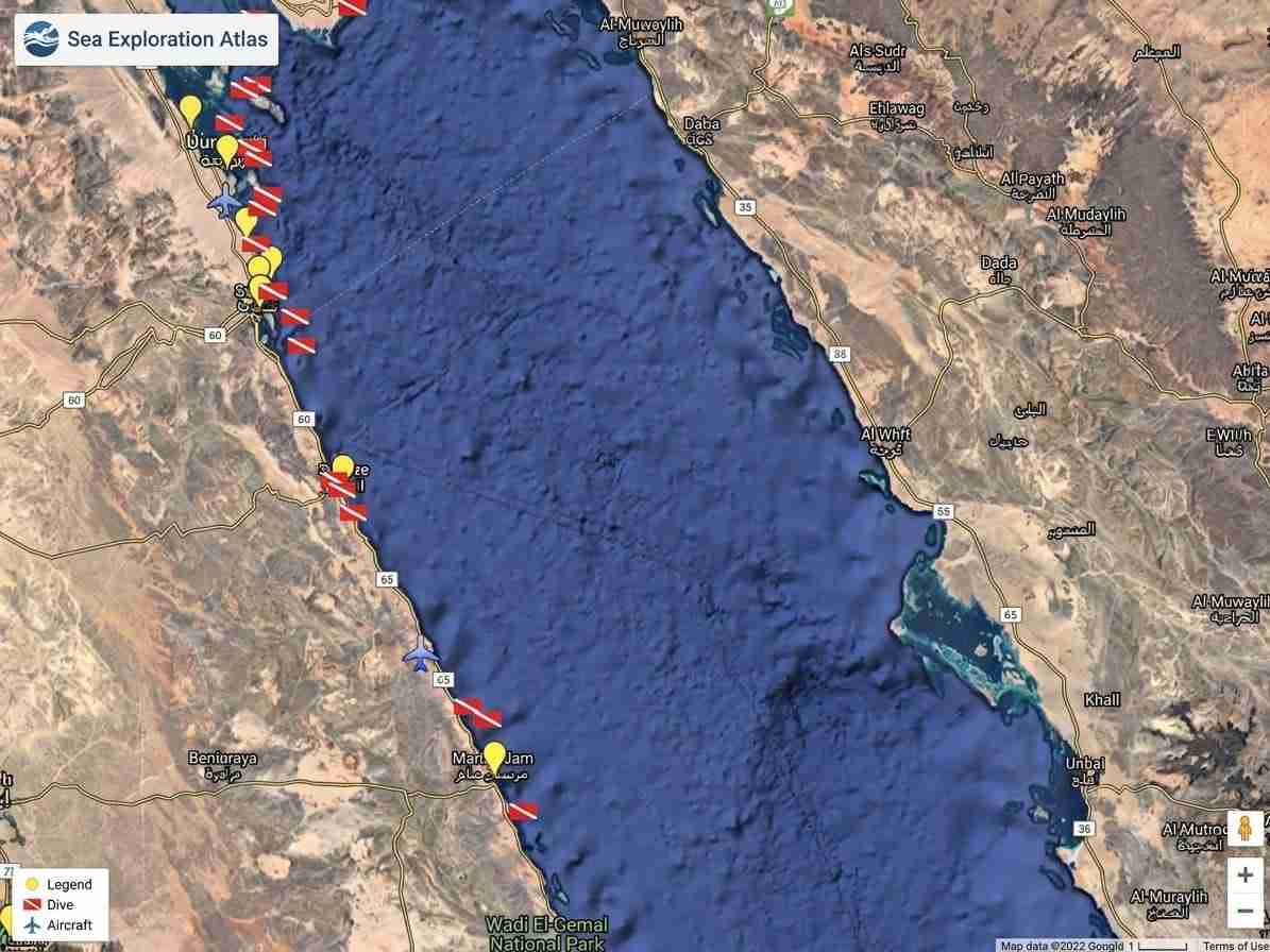 Map showing dive areas along Egypt's Red Sea coastline
