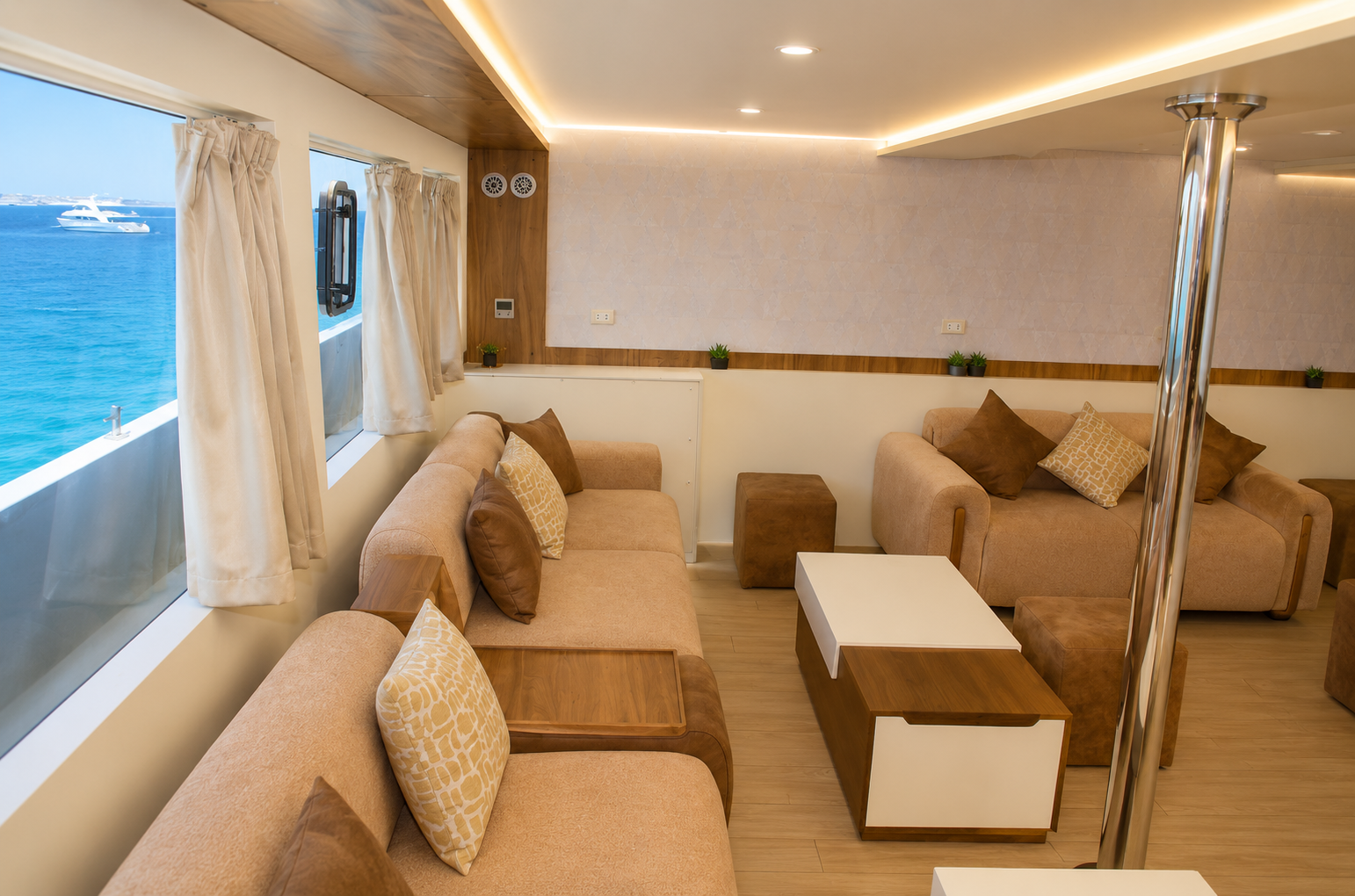 Indoor salon with sofas and coffee tables