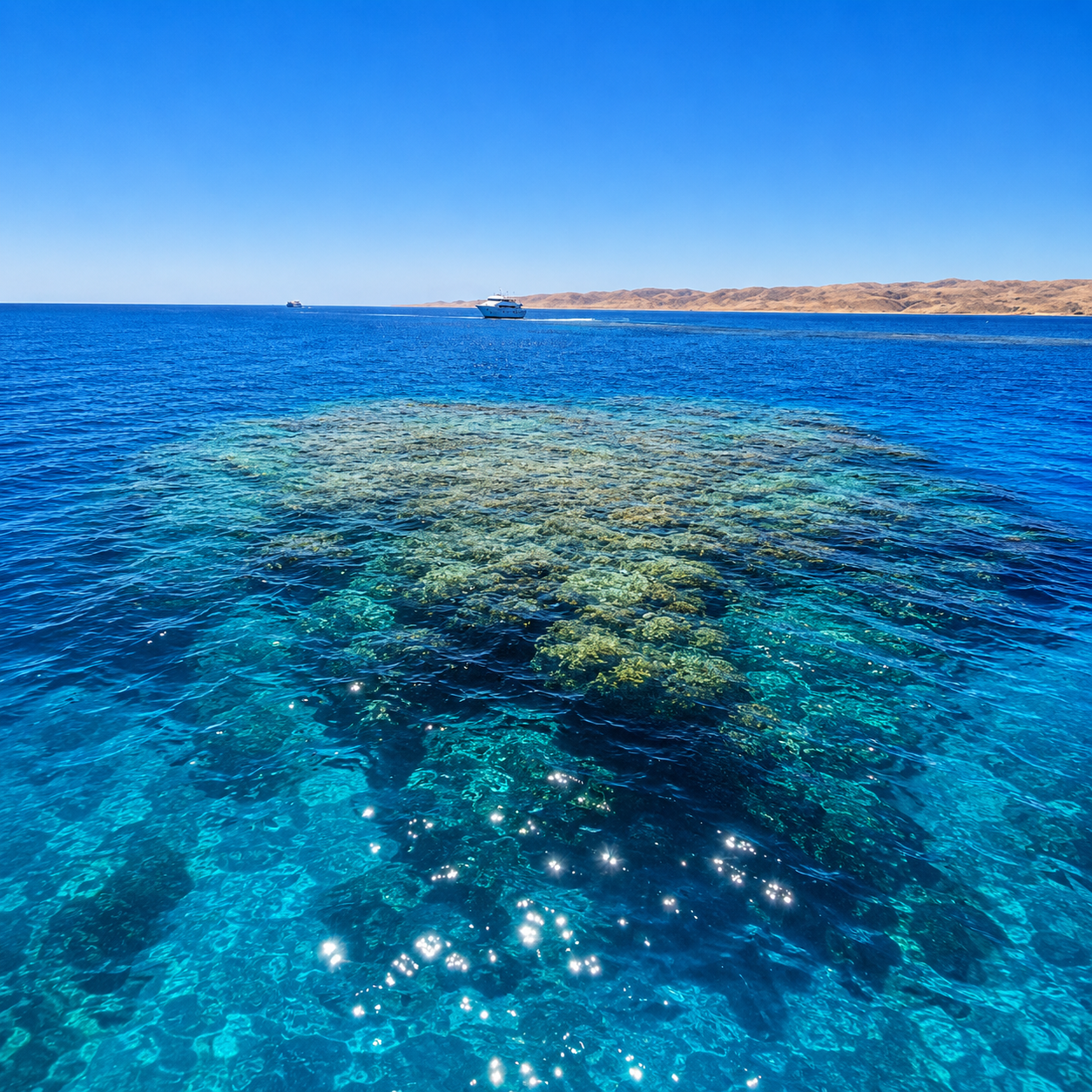 Shallow coral reef seen from above through clear turquoise water on the Red Sea coast
