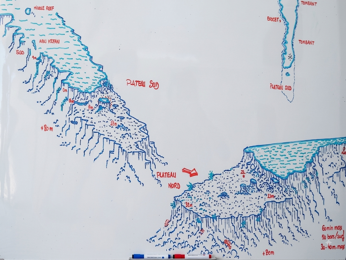 Abu Kifan site map showing the narrow reef and its two plateaus
