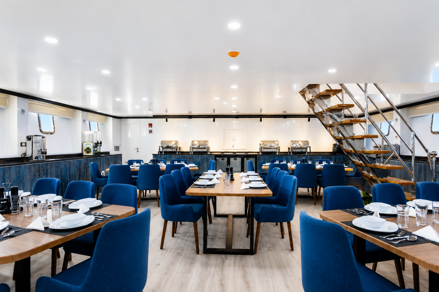 Long dining room set for a group dinner