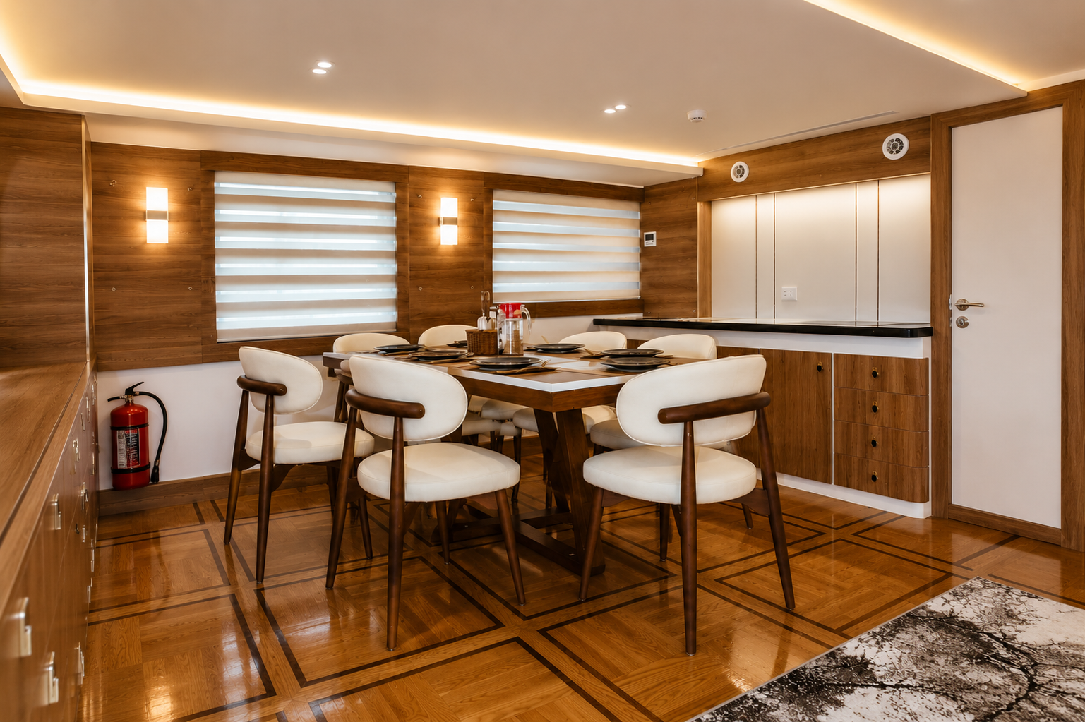 Long dining room aboard the Ramadan 3 liveaboard set for a meal
