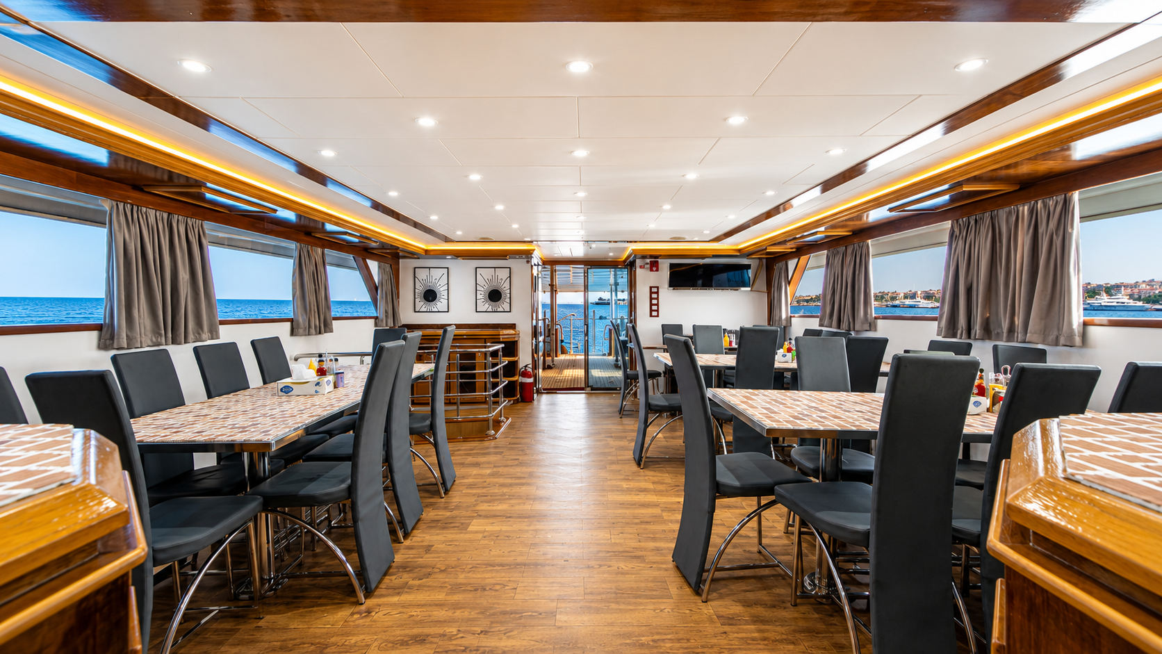 Long dining room set for a group meal