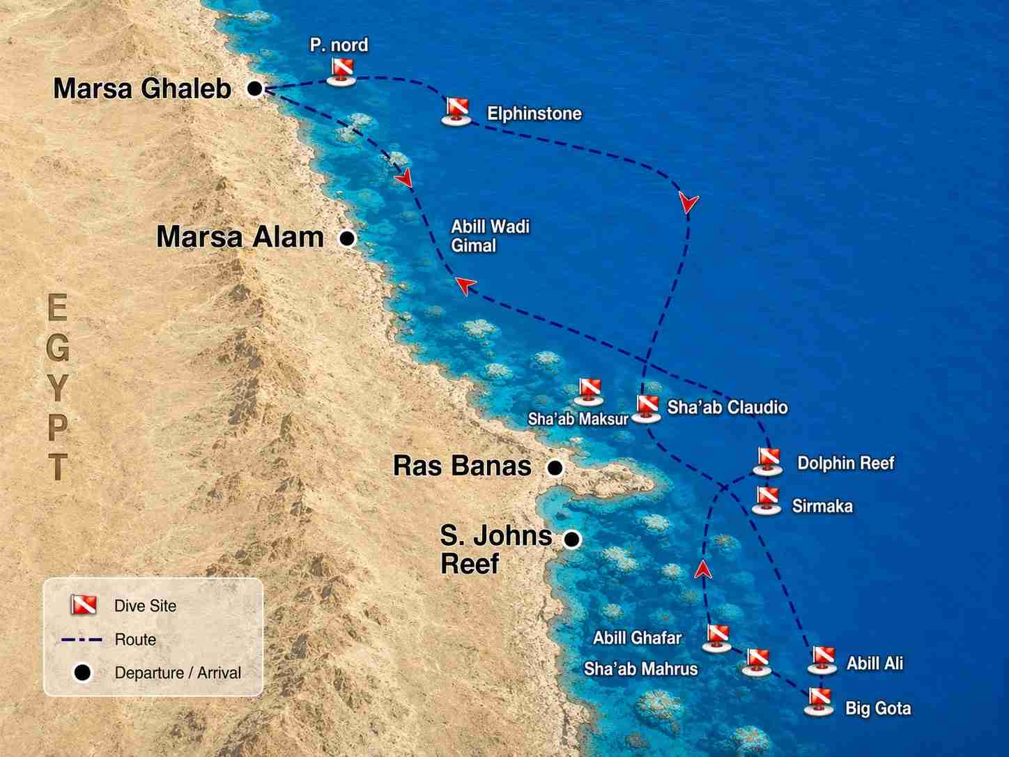 Deep South St. John's liveaboard route map from Marsa Ghaleb south to the St. John's reefs