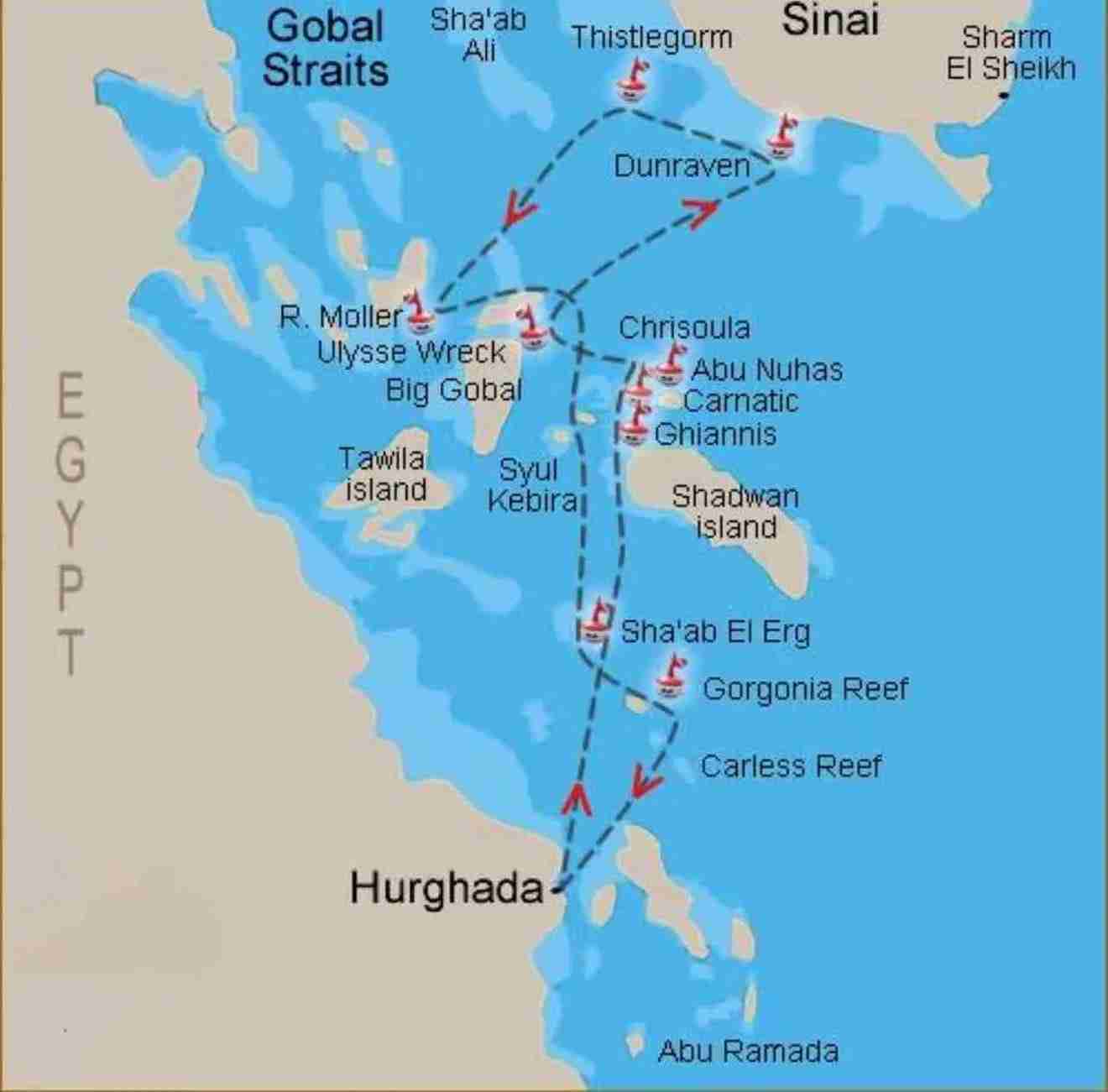 North Red Sea liveaboard route from Hurghada featuring Sha'ab El Erg, Abu Nuhas wrecks, Big Gubal, SS Thistlegorm, Dunraven and surrounding northern reefs.