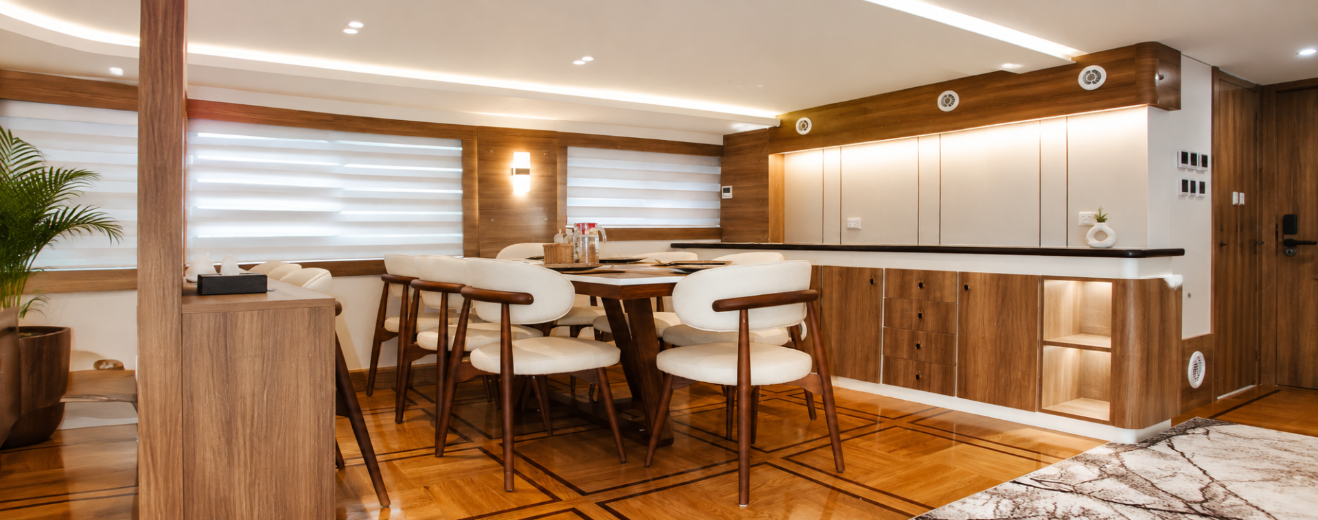 Round dining tables set for a meal