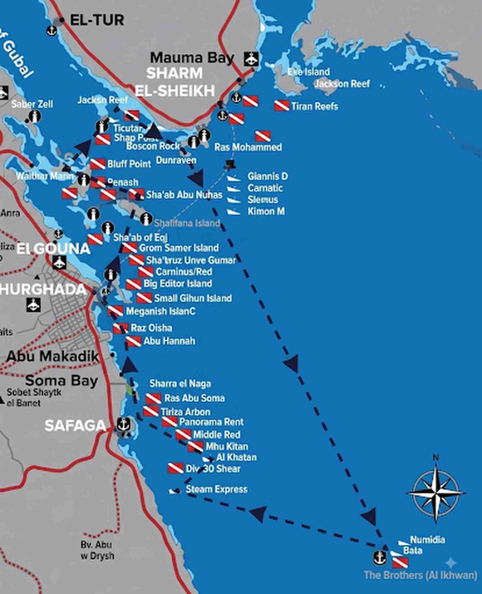 Route map of a North and Brothers liveaboard from Hurghada to Ras Mohammed, Abu Nuhas and the Brothers Islands