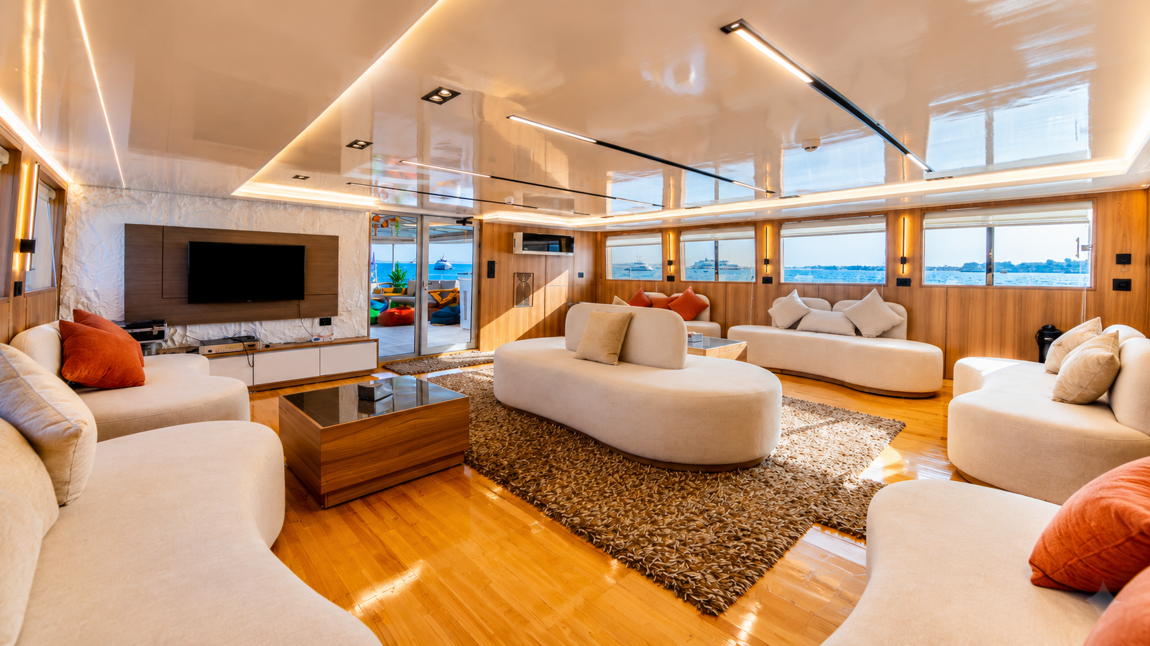 Indoor lounge area with warm lighting