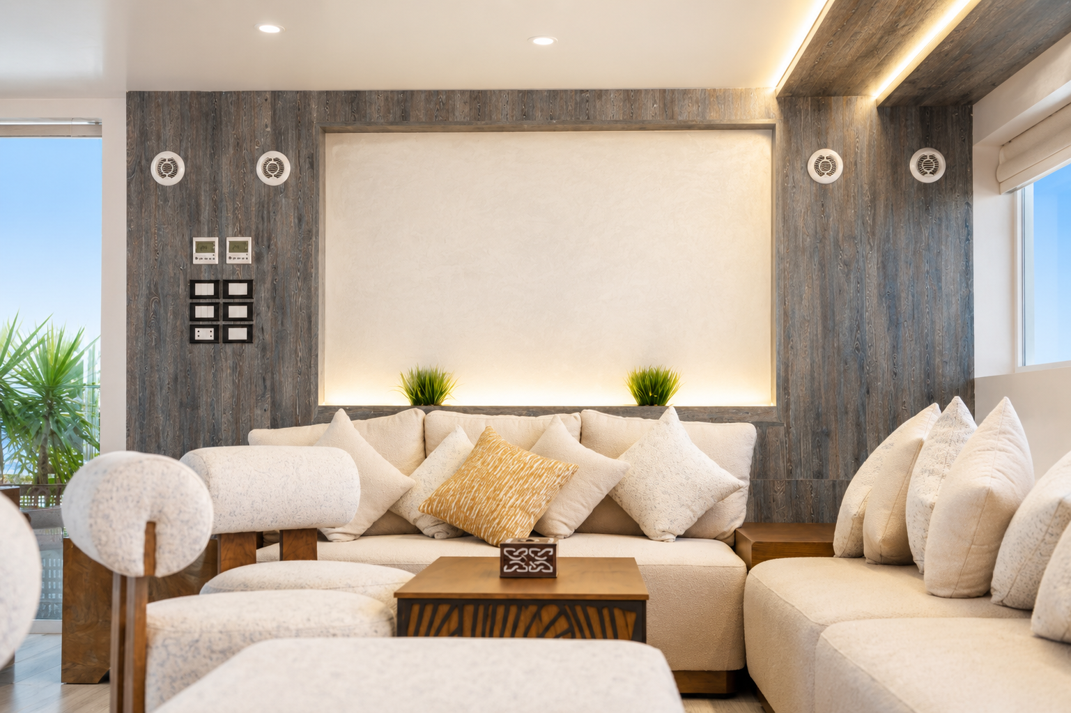 Indoor salon with sofas and large viewing windows