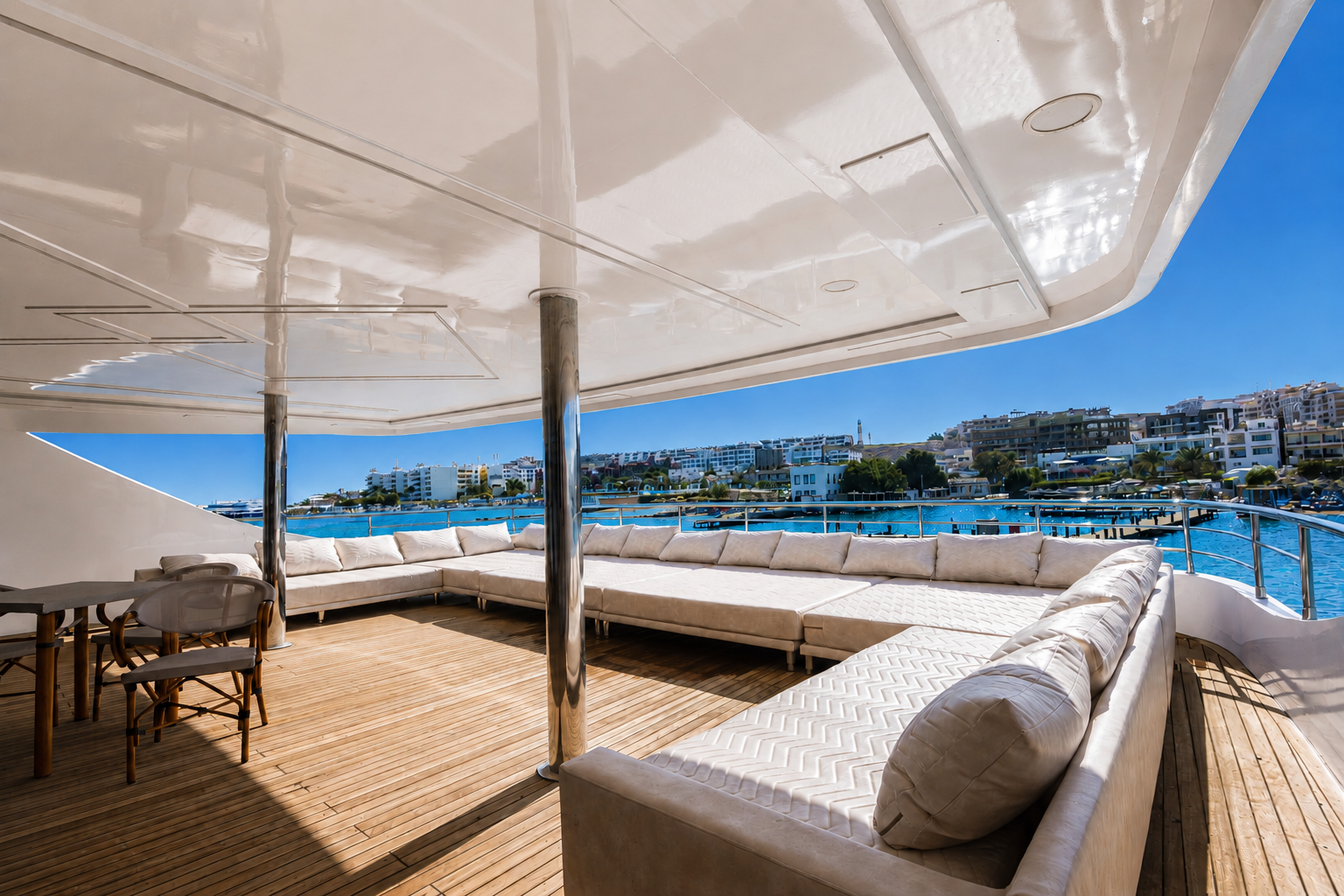 Sun deck loungers on the upper deck of the vessel