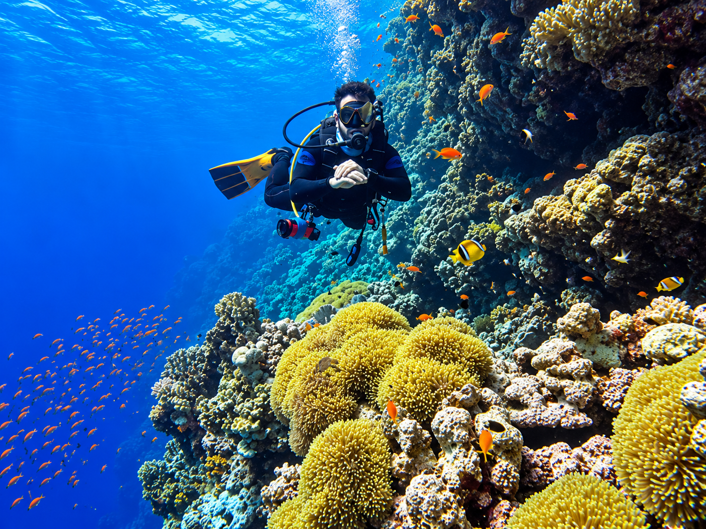 Diver beside a coral head on a deep Red Sea reef