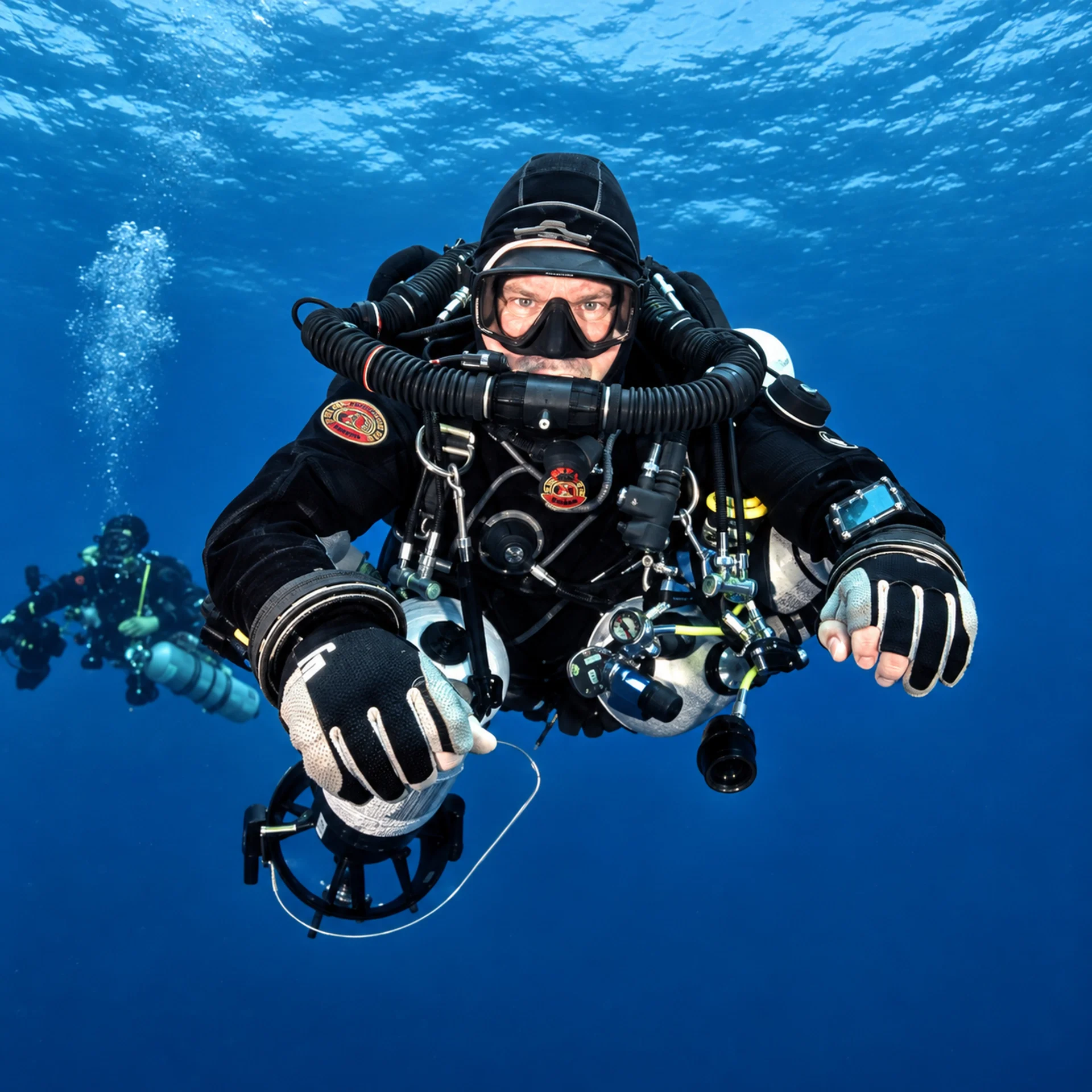 Close up of a rebreather diver during technical diving in open water