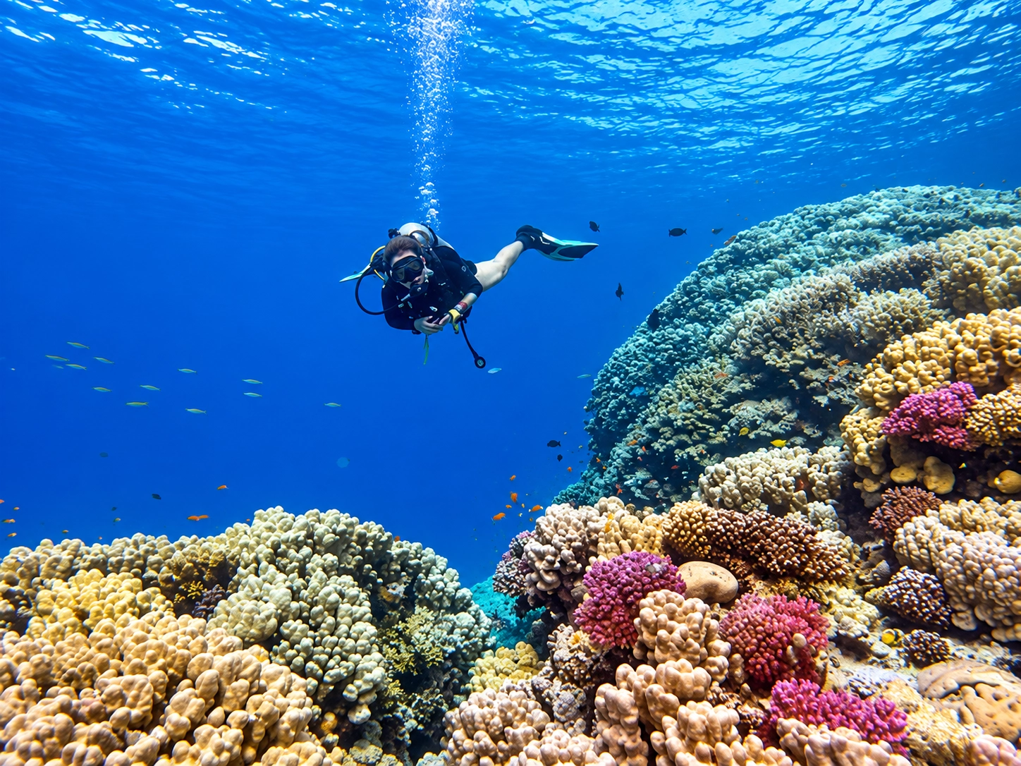 Scuba diver above a coral garden on a Red Sea reef