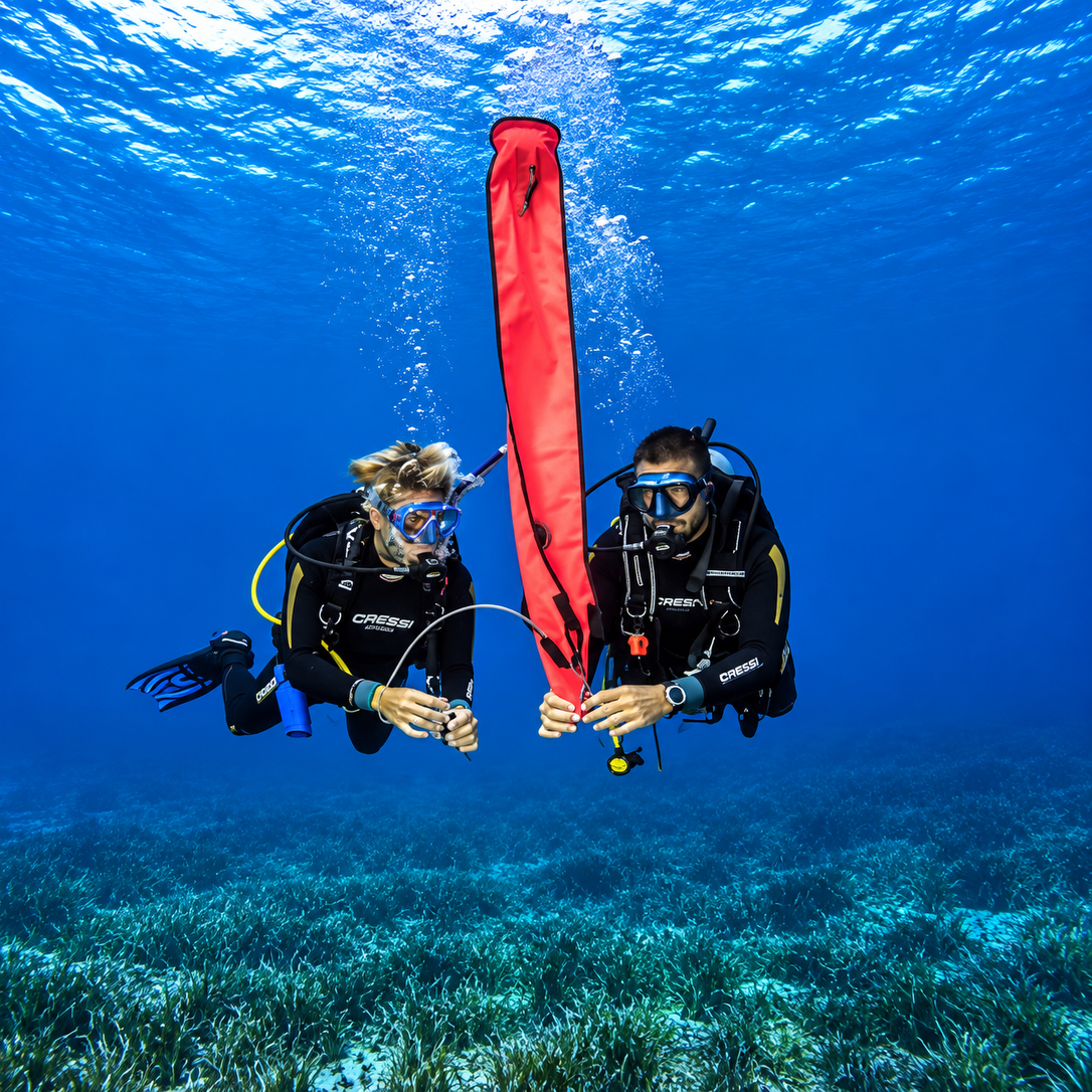PADI Advanced Open Water student deploying a surface marker buoy