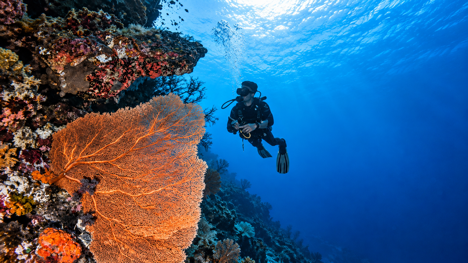PADI Deep Diver Course student beside a giant sea fan