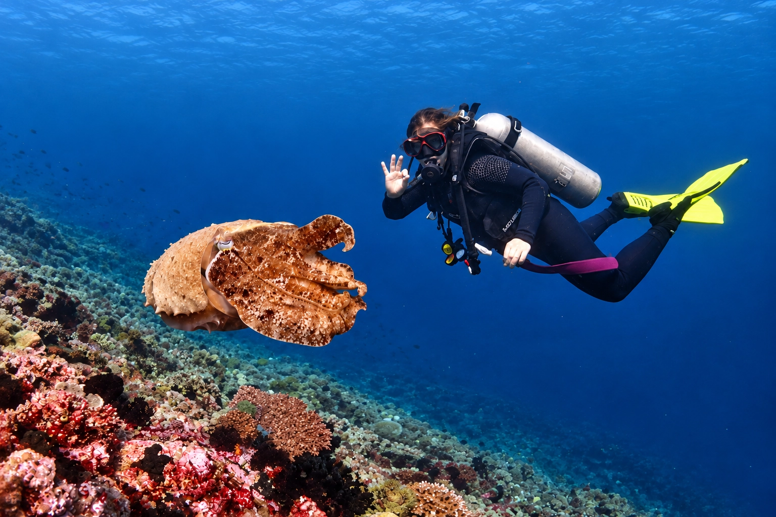 Giant cuttlefish hovering above the coral