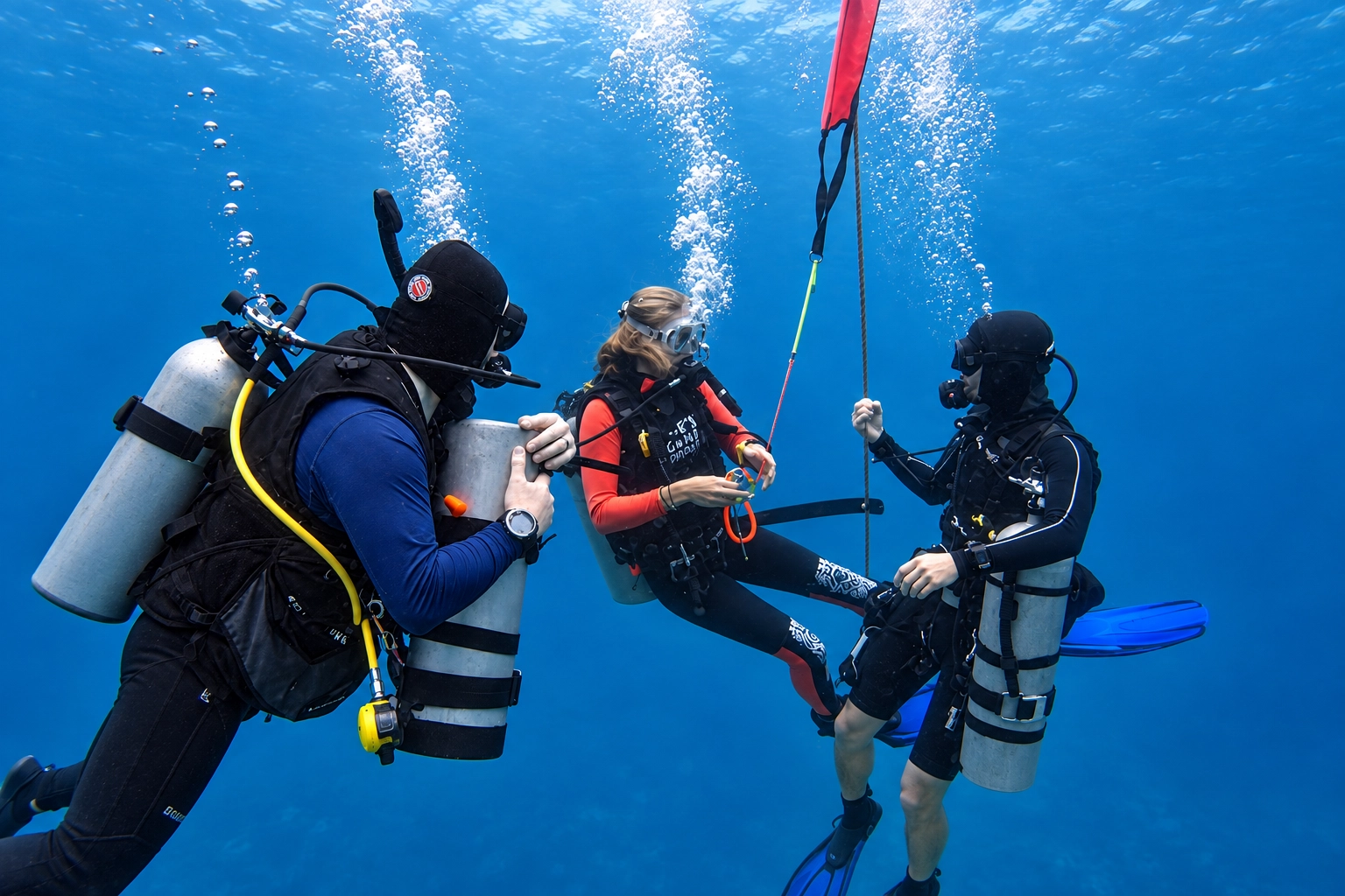 Instructor supervising a buddy team on the reef