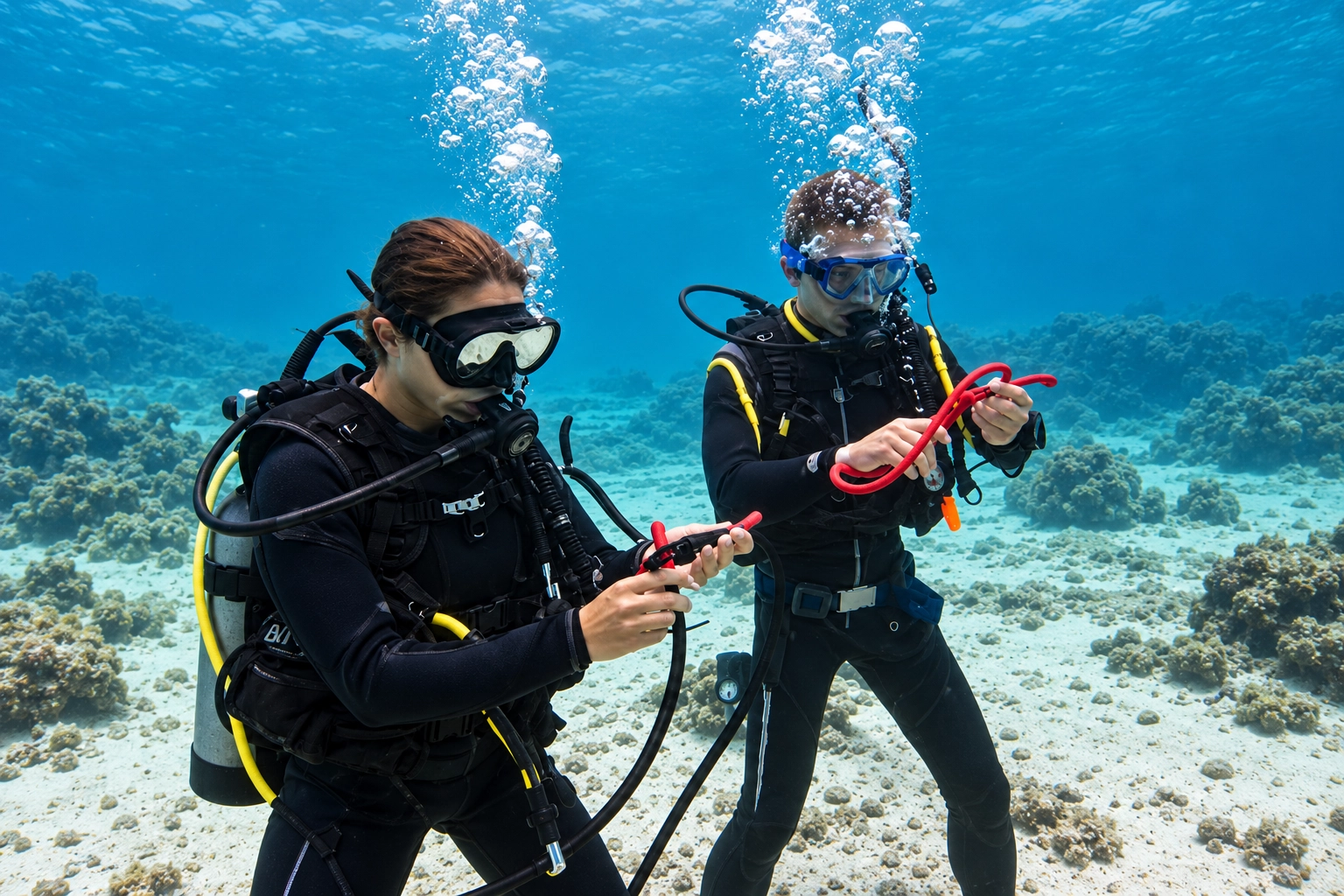 Two students working through an exercise underwater