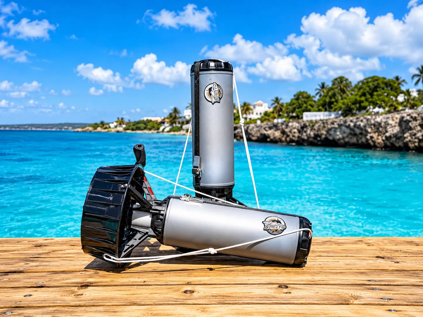Two propulsion units and cylinders ready on the beach