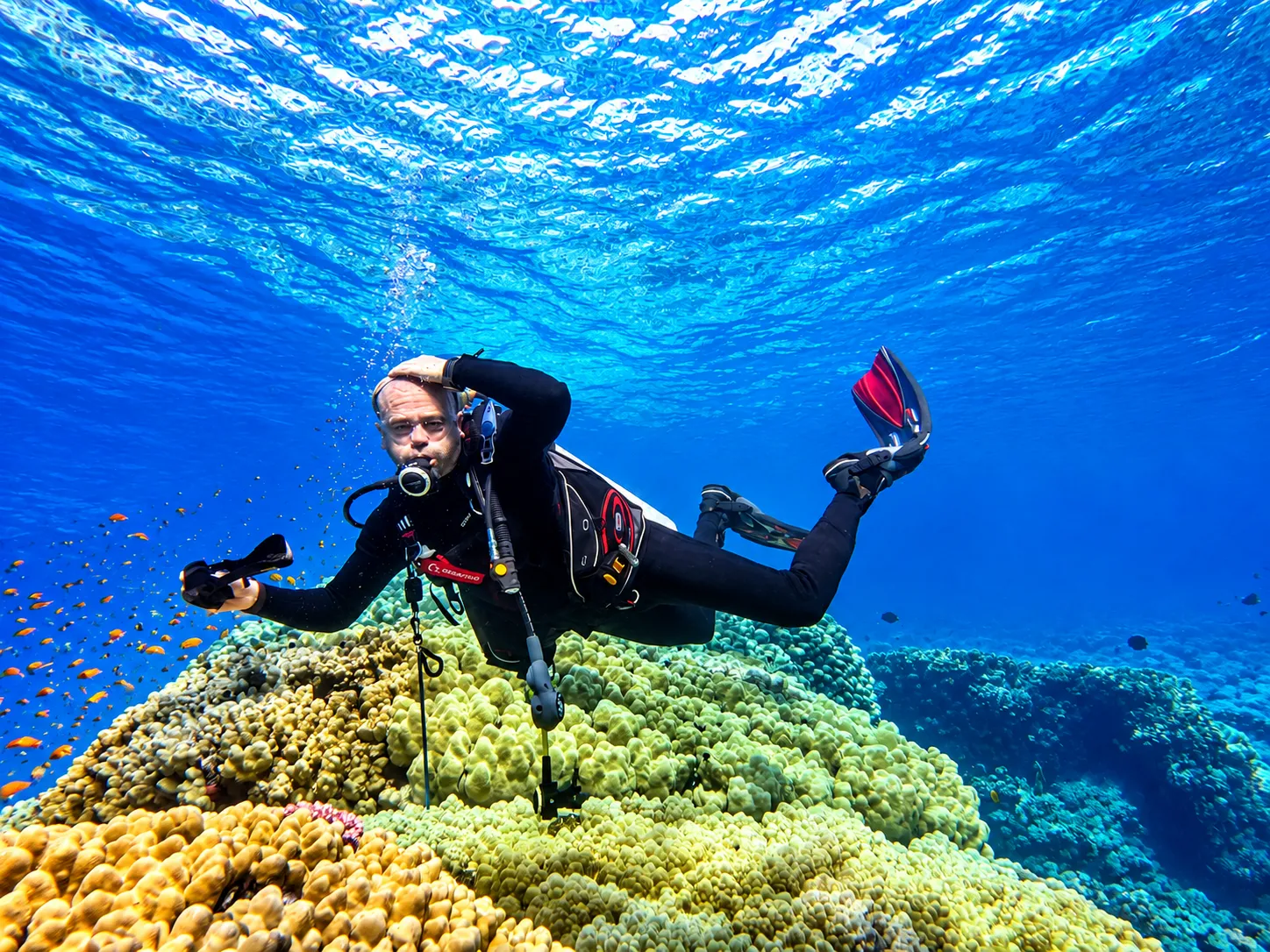 Swimming above a bright coral garden in clear blue water