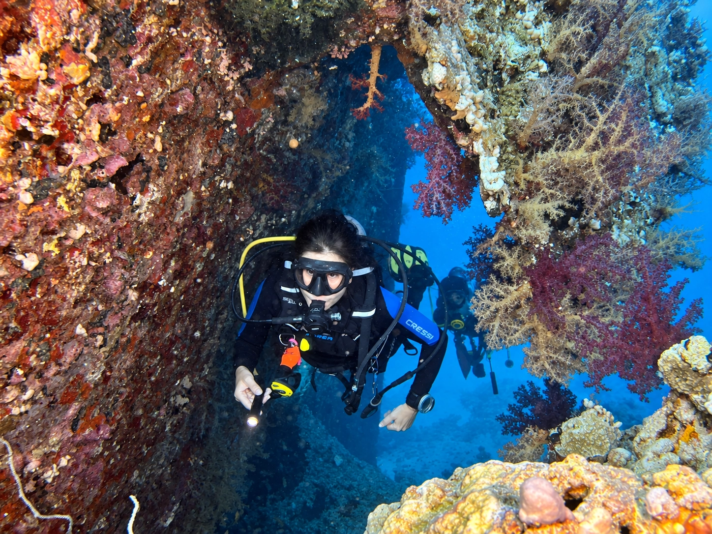 PADI Wreck Diver beside coral-covered steel