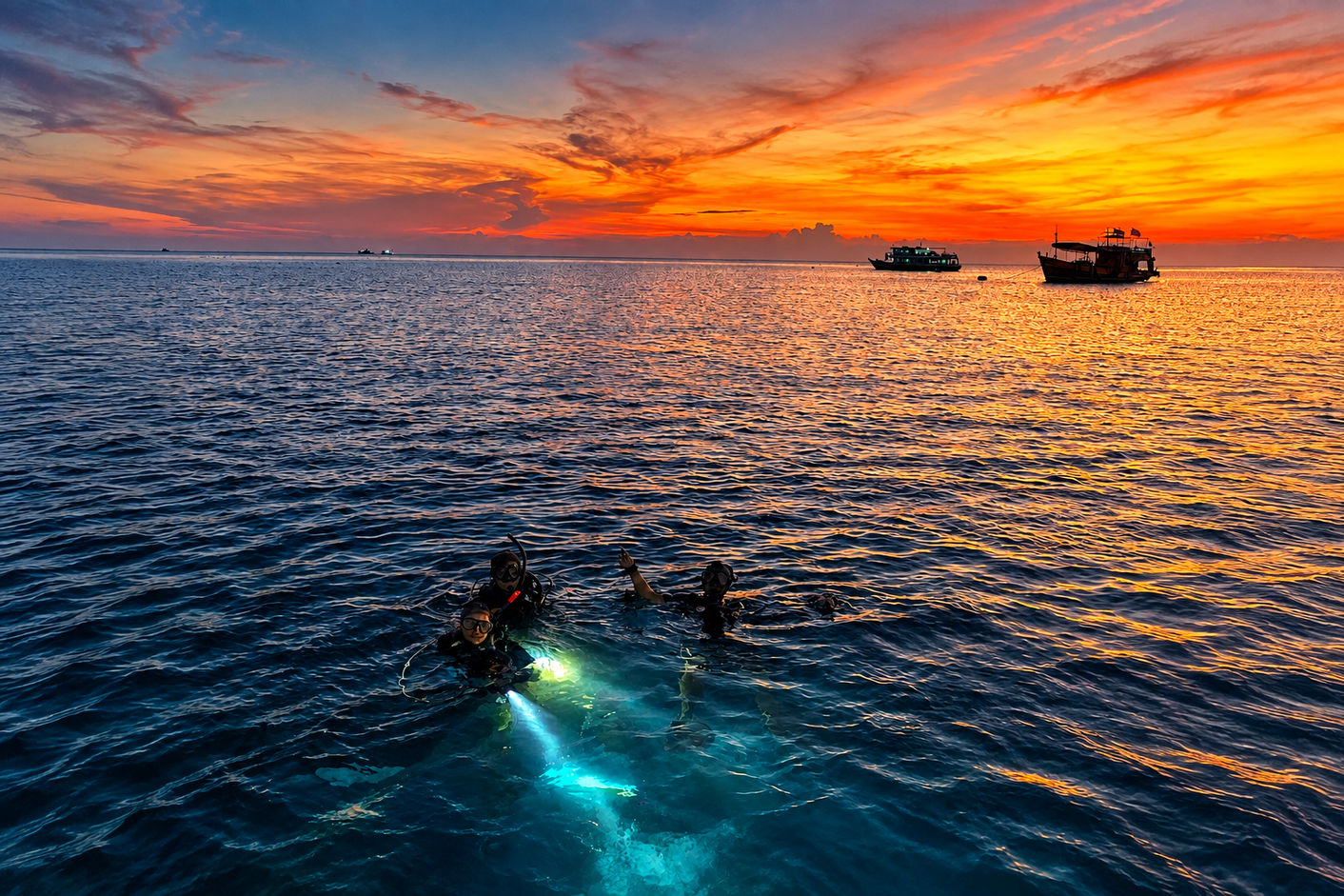 PADI Night Diver Course students at sunset in the Red Sea
