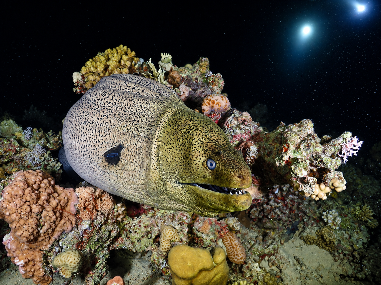 PADI Night Diver Course student watching a moray eel