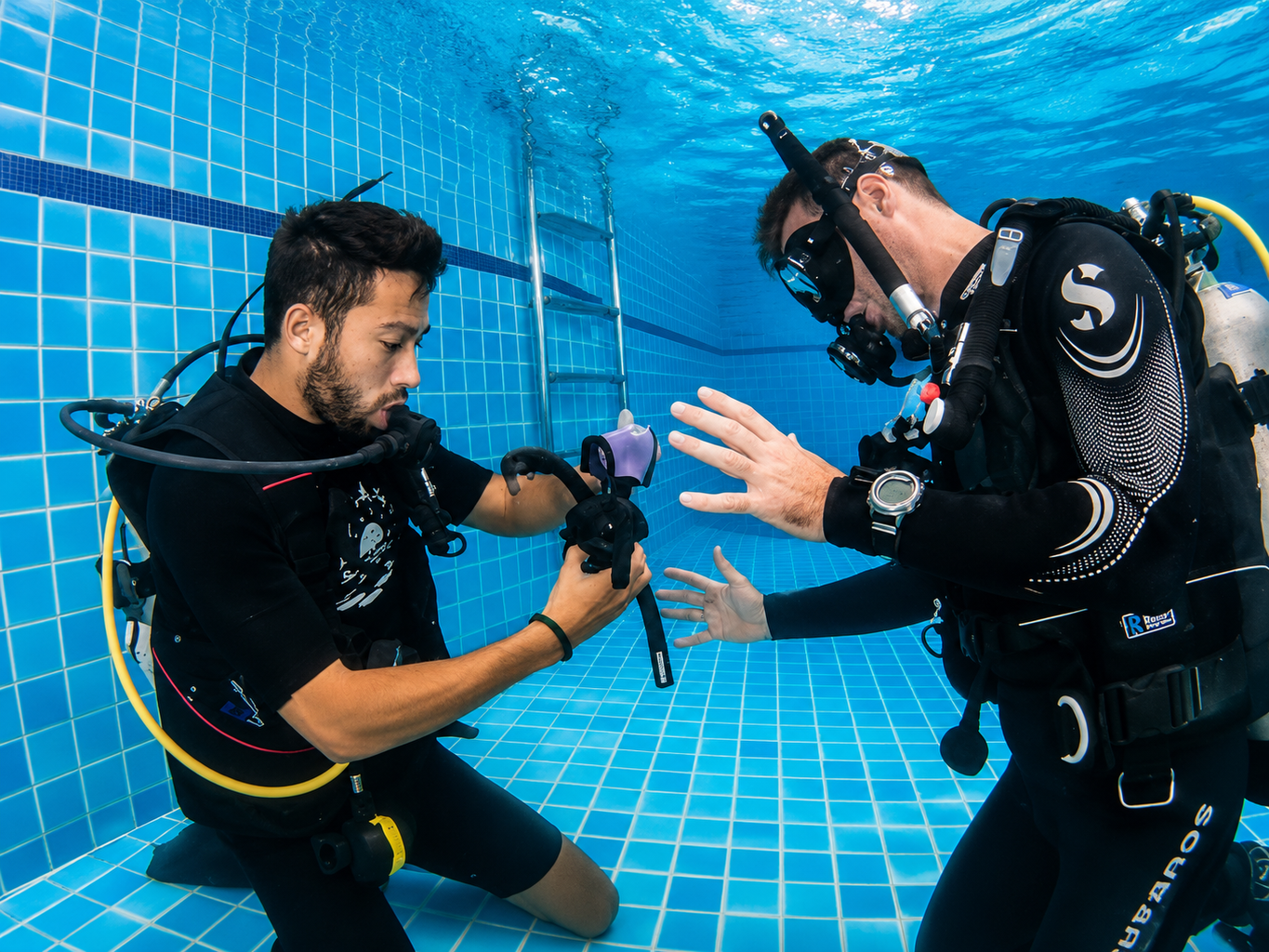 Mask removal and replacement skill with a PADI instructor