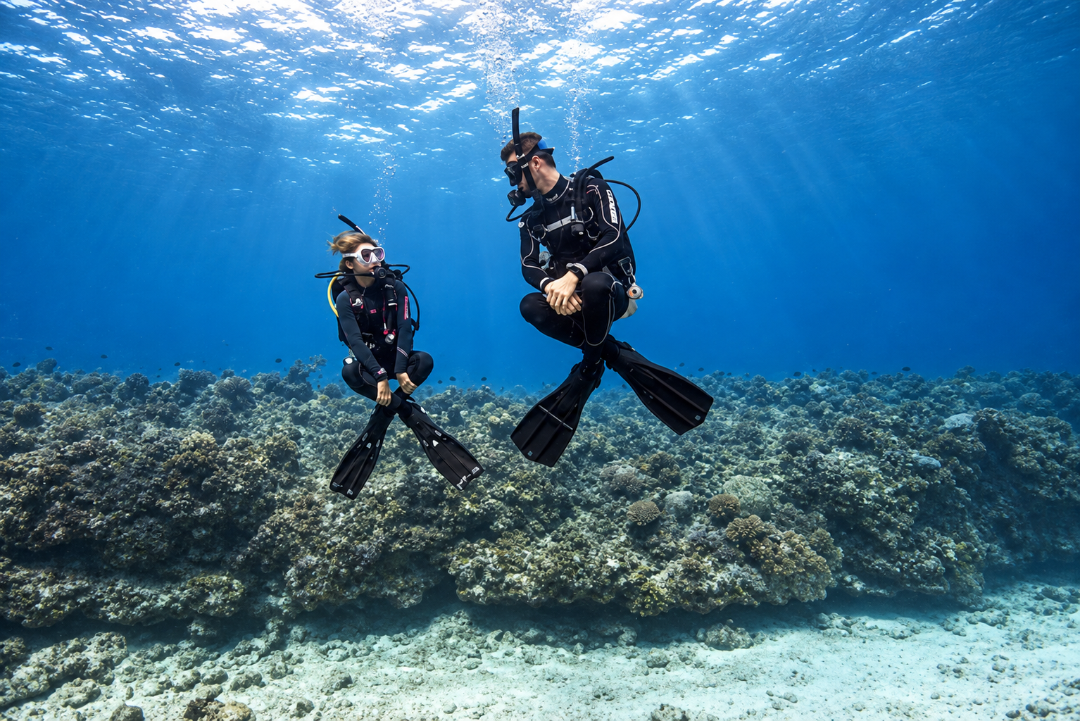 Two divers holding position just off the sand