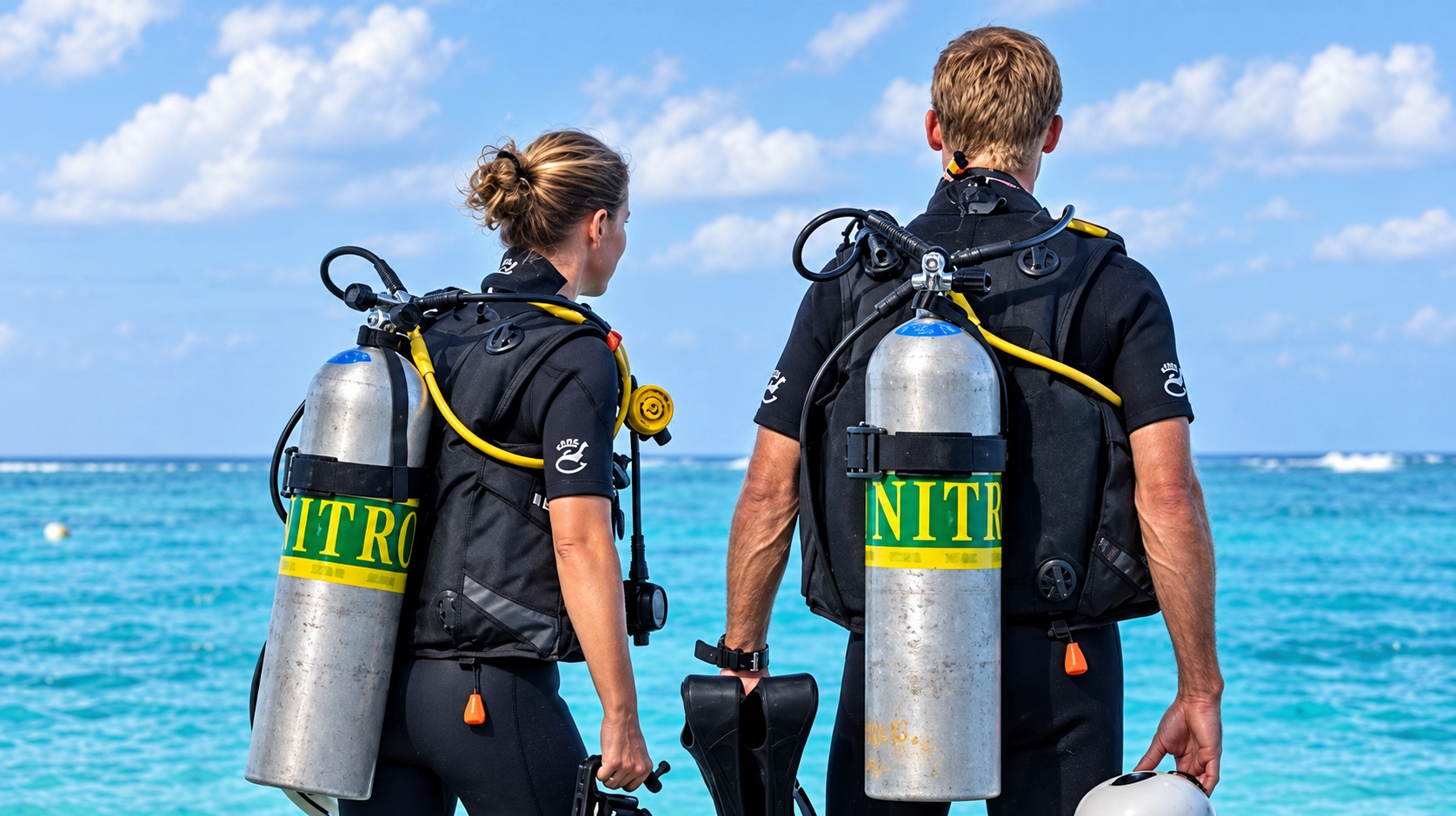 Two divers ready to enter with PADI Enriched Air Nitrox cylinders