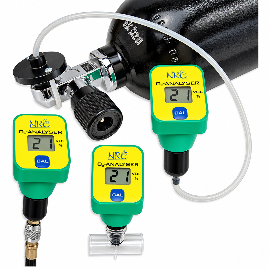 Oxygen analyzer set up beside the cylinders