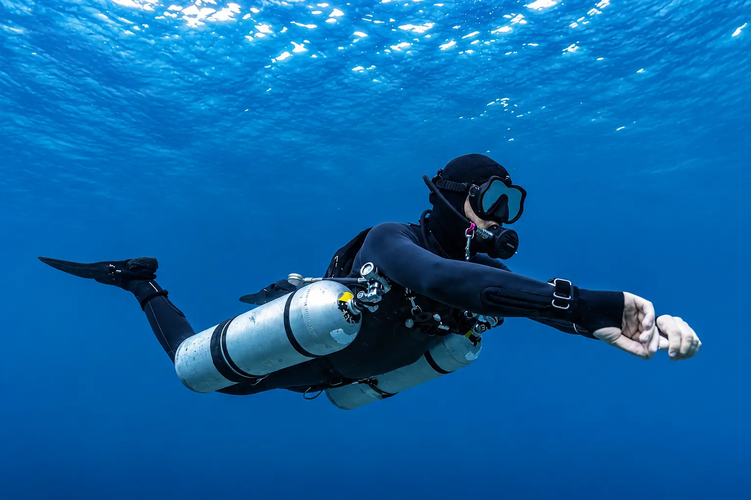 PADI Sidemount Diver Course student in open water on a Red Sea training dive