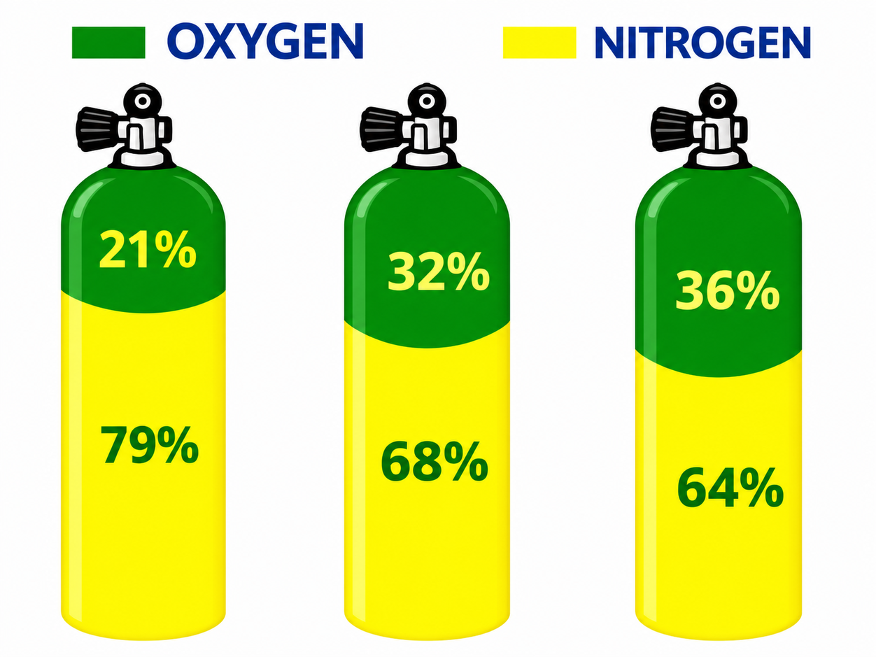 Cylinders showing different oxygen and nitrogen mixtures