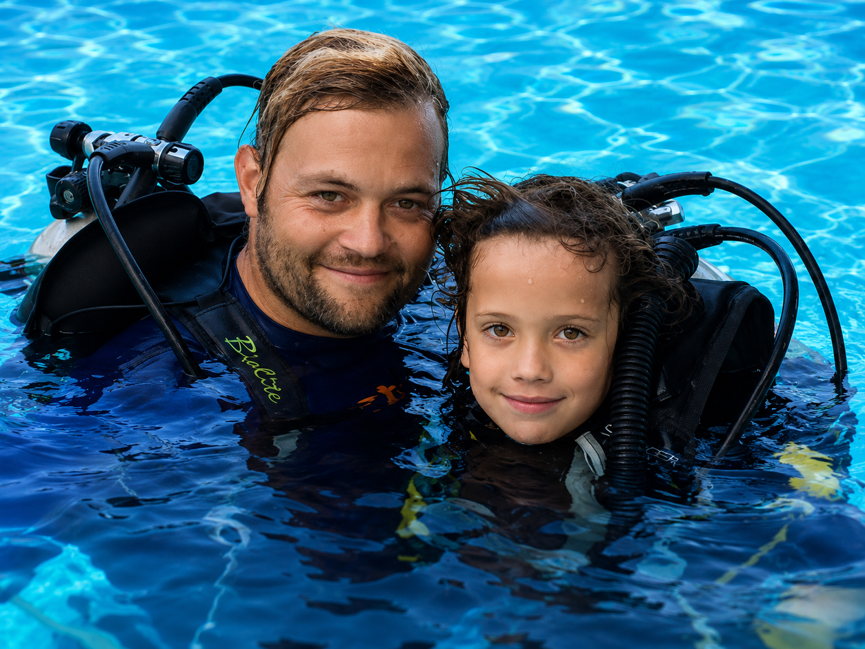 Instructor and child together in the pool during a kids scuba session
