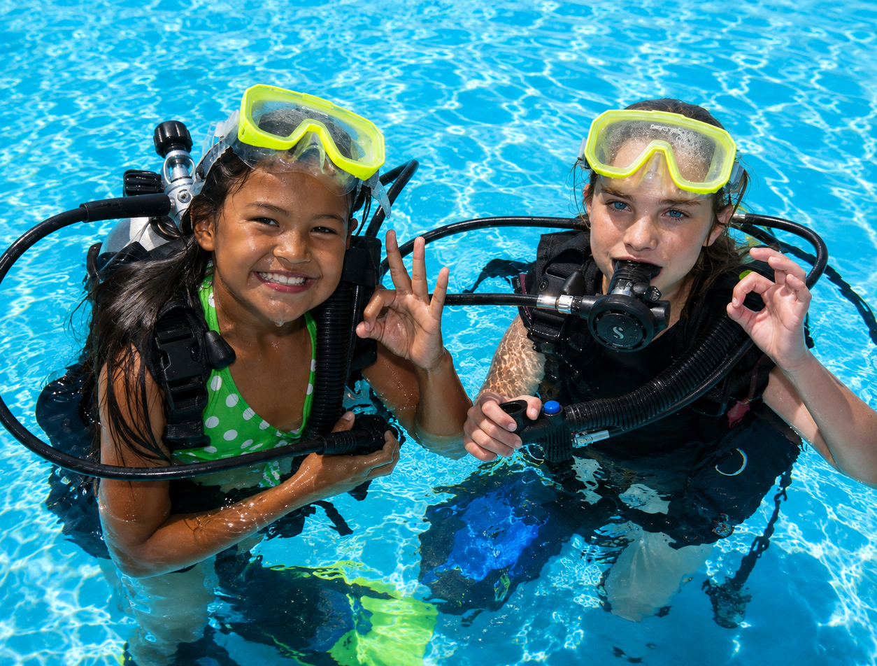 Two children smiling in scuba masks during PADI Bubblemaker in Hurghada