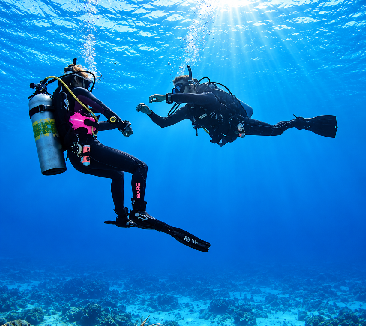 Instructor and student practicing PADI Scuba Diver skills underwater in Hurghada