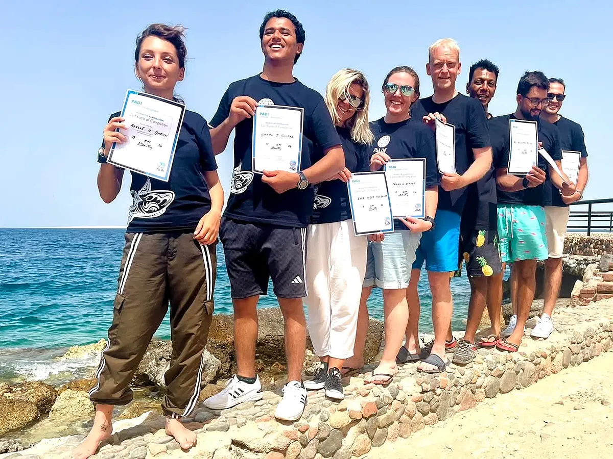 Group holding PADI certification cards on the beach