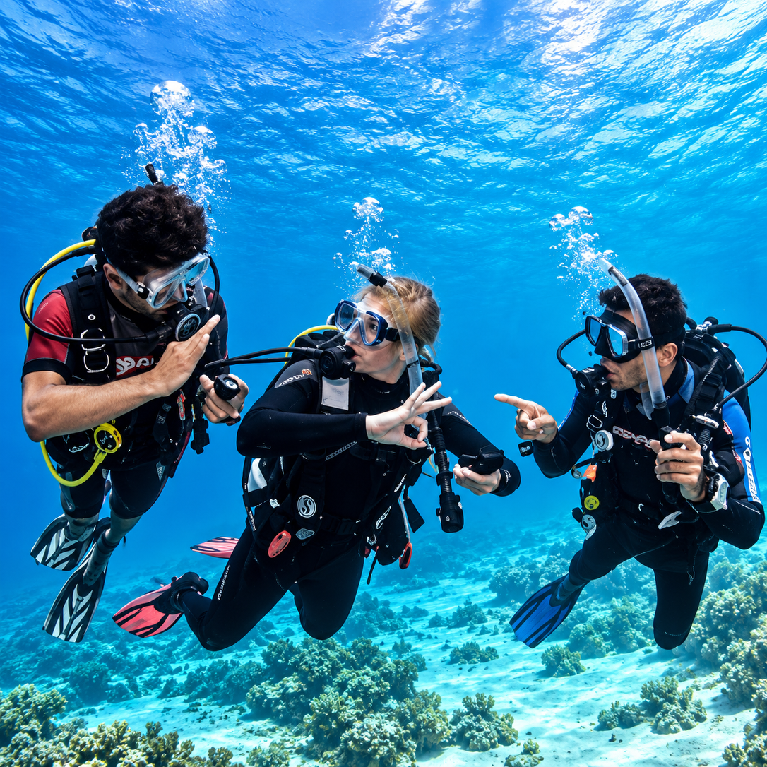 Instructor guiding beginners through Discover Scuba skills underwater in Hurghada