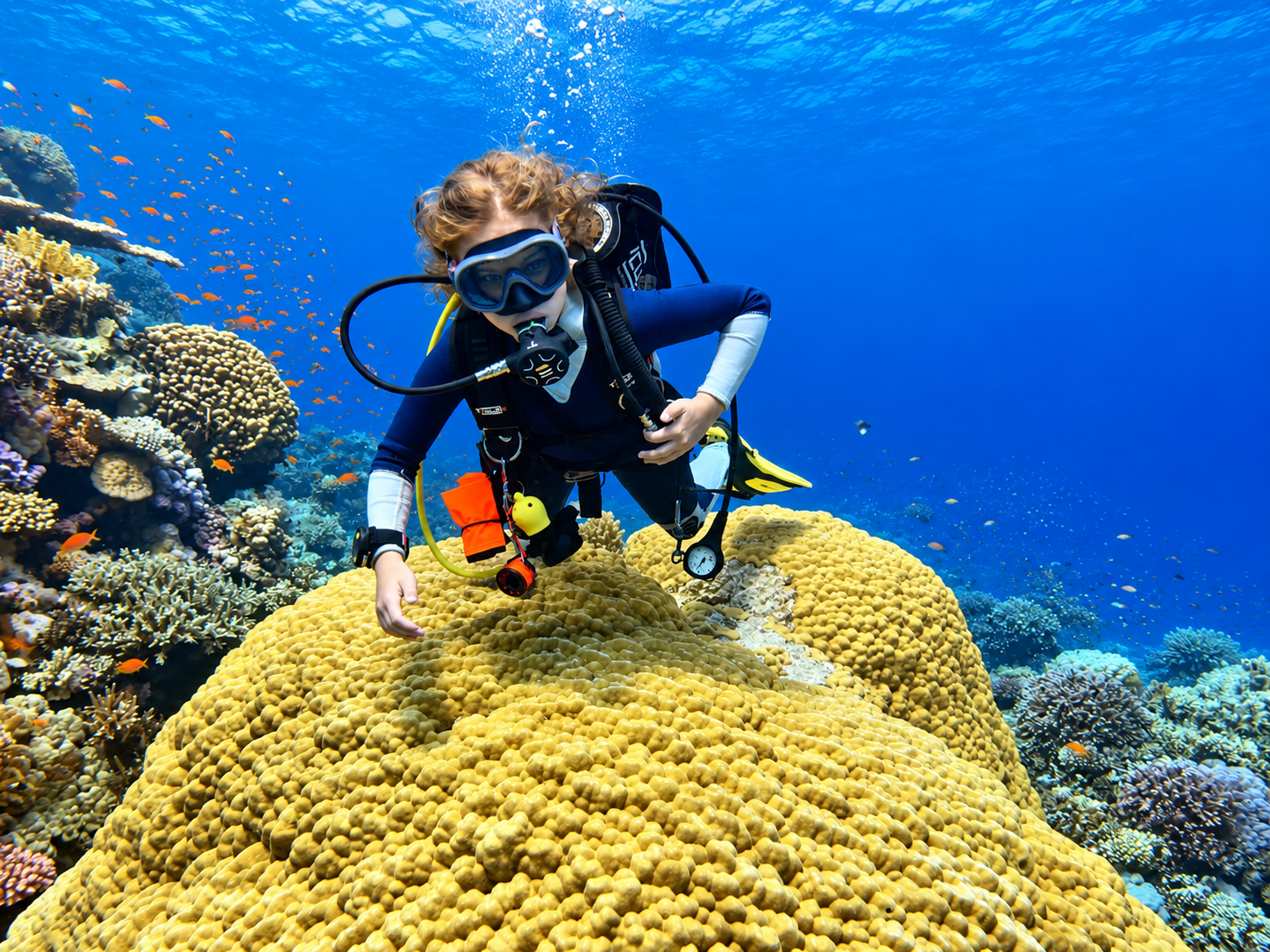 Child diver exploring coral during a Red Sea training dive