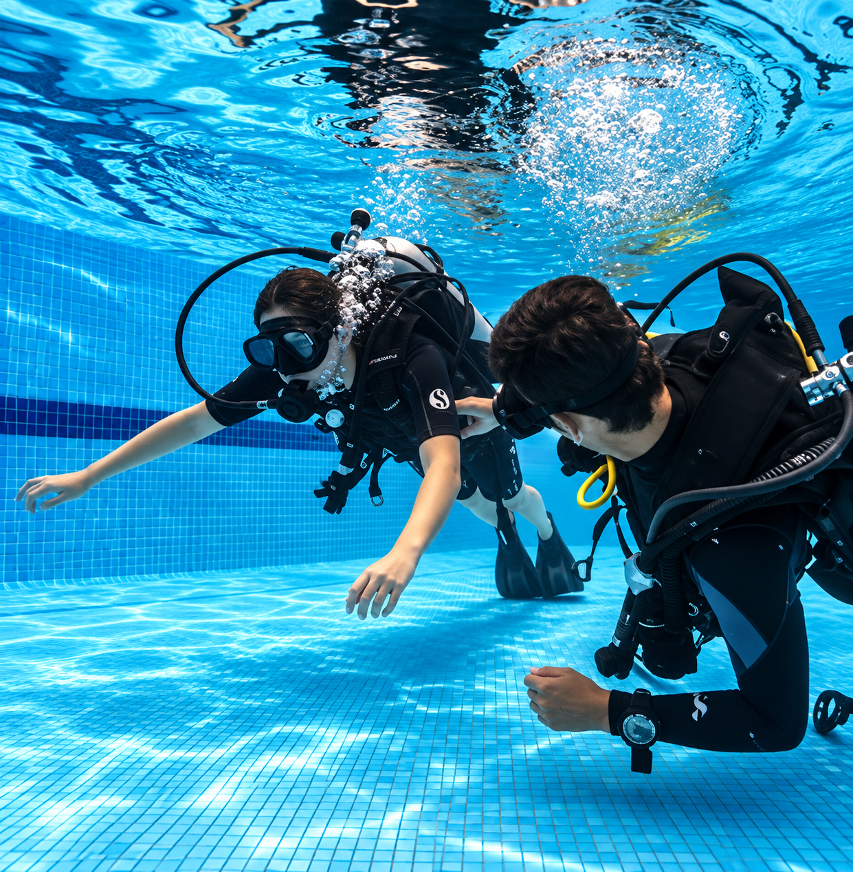 Instructor teaching scuba skills during PADI Junior Open Water pool training in Hurghada